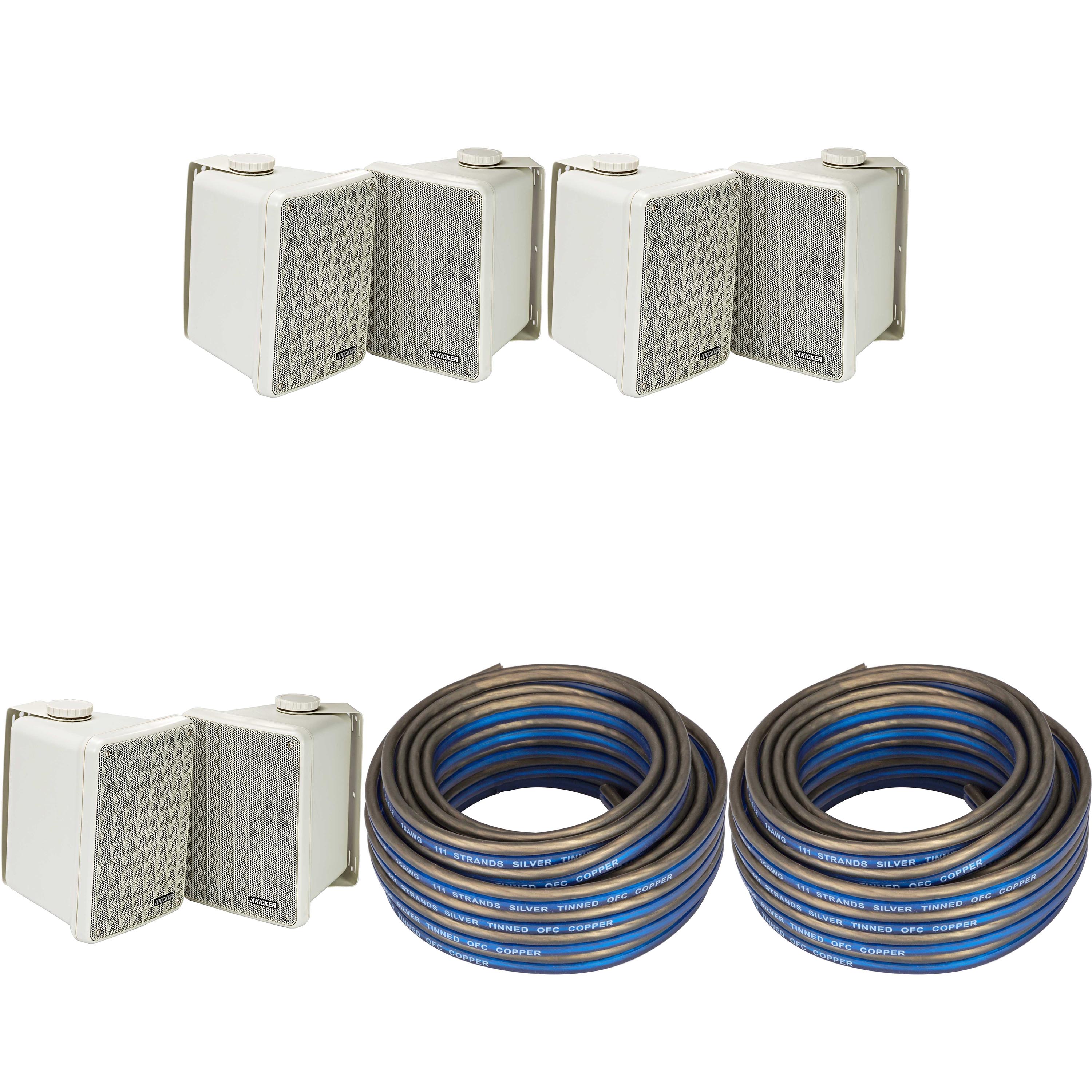 Kicker (3 Pair ) KB6B 2-Way Full Range Indoor Outdoor Speakers (Pair) Weatherproof Speakers for Patio Garage Poolside in-Home, Gray & 40ft Speaker Wire Bundle