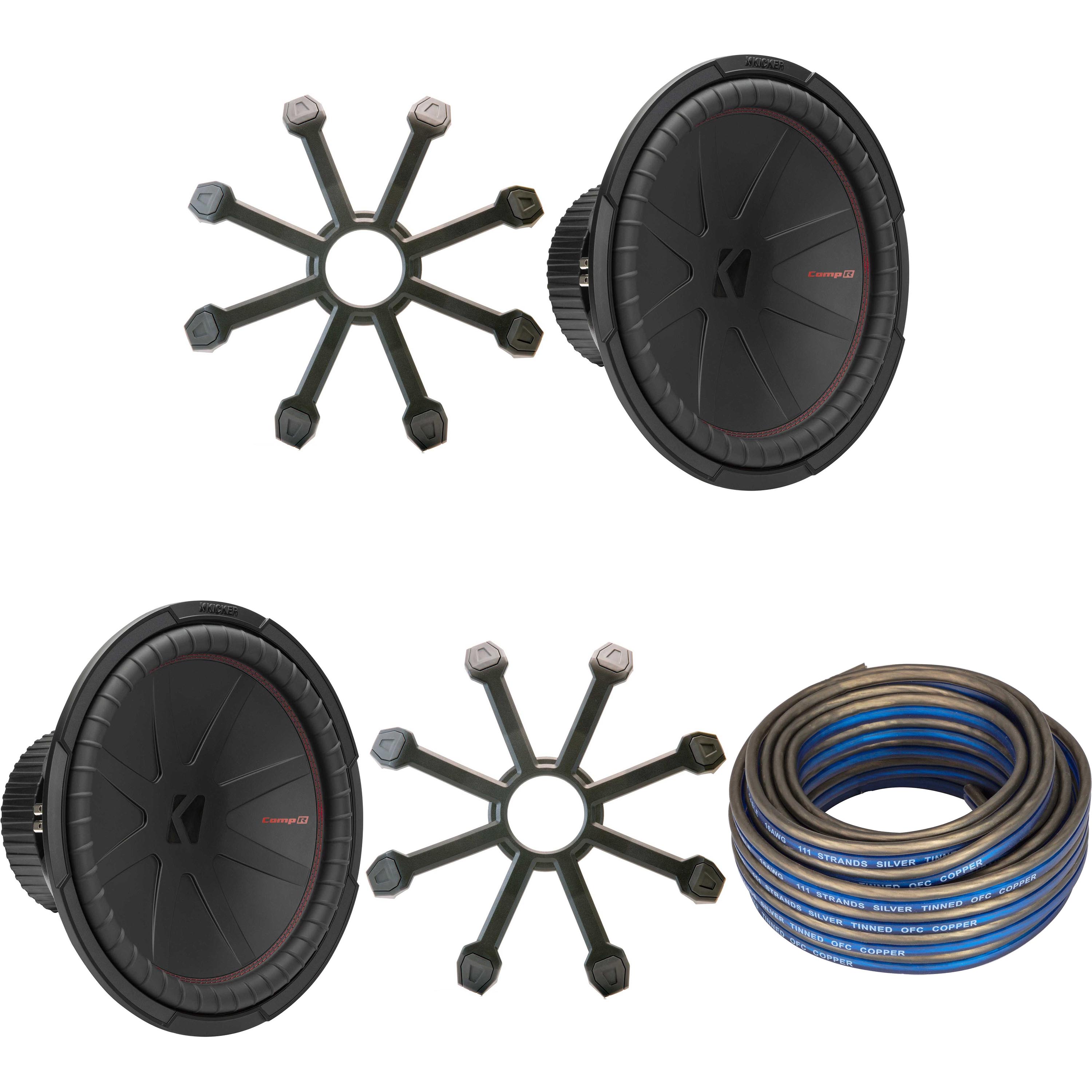 Kicker 15 Inch Comp R Woofer Includes Two 48CWR152 w/ Grills & Speaker Wire Package
