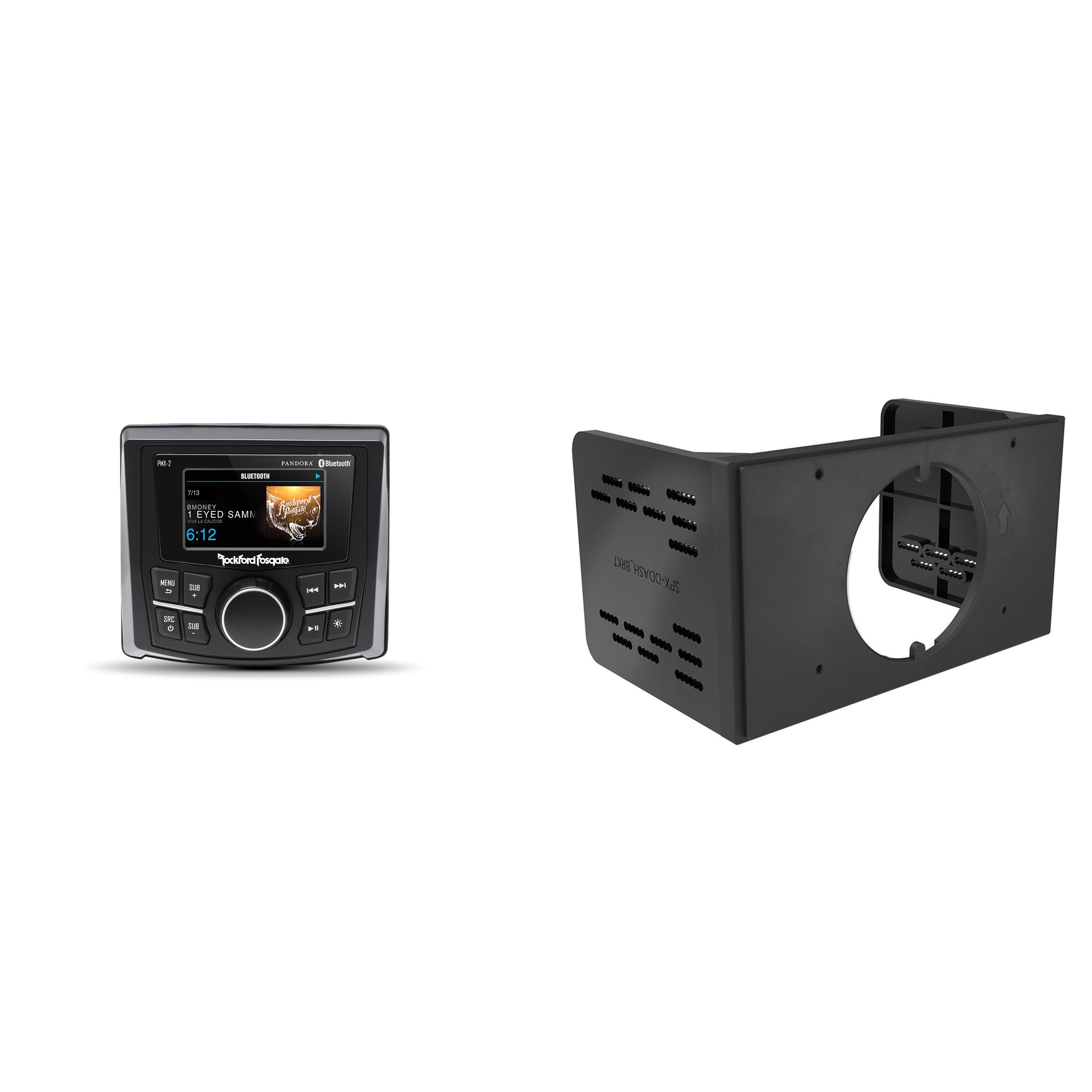 Rockford Fosgate PMX-2 Marine Media Receiver with 2.7” Color Display and Double-Din Dash Kit Adapter for 3.5