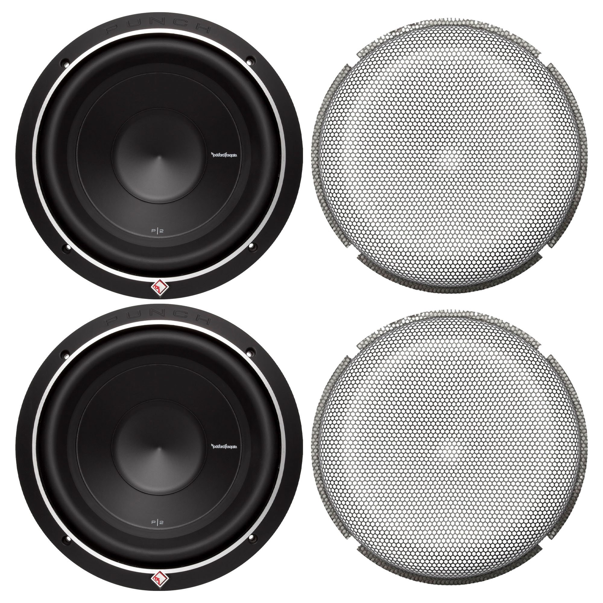 Rockford Fosgate 2 P2D4-10 10” 600 Watt DVC Subwoofers and 2 P2P3G-10 10” Stamped Mesh Grille Insert