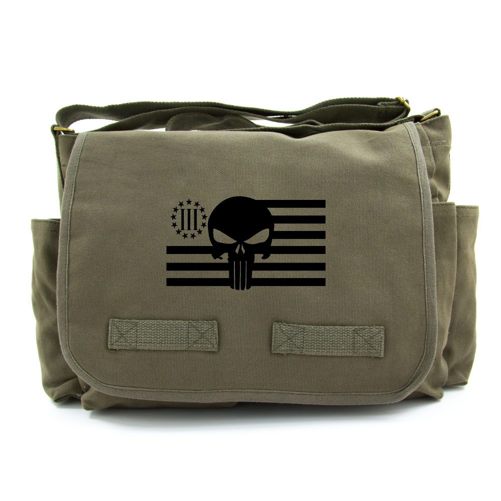 Stonewashed Olive /& Black Three Percenter American Flag Army Heavyweight Canvas Messenger Shoulder Bag