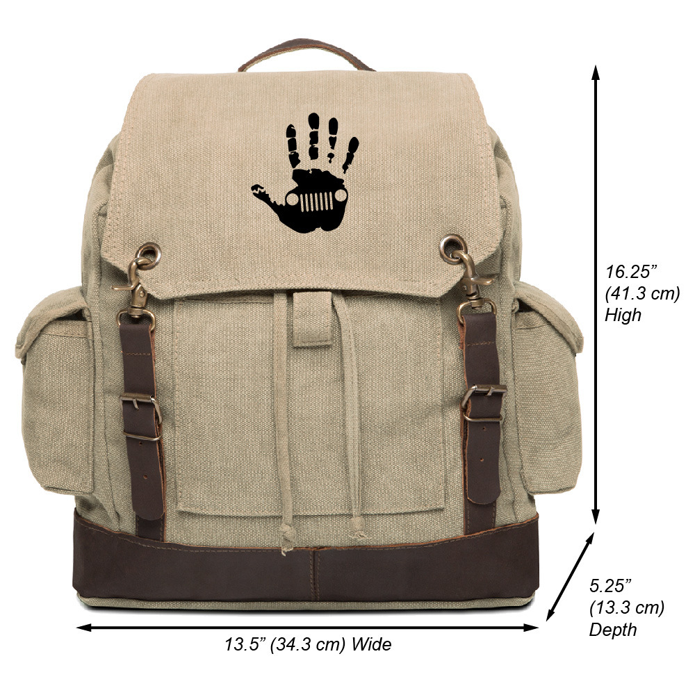 Jeep Wave Hand High Five Vintage Rucksack Backpack With Leather Straps Khaki