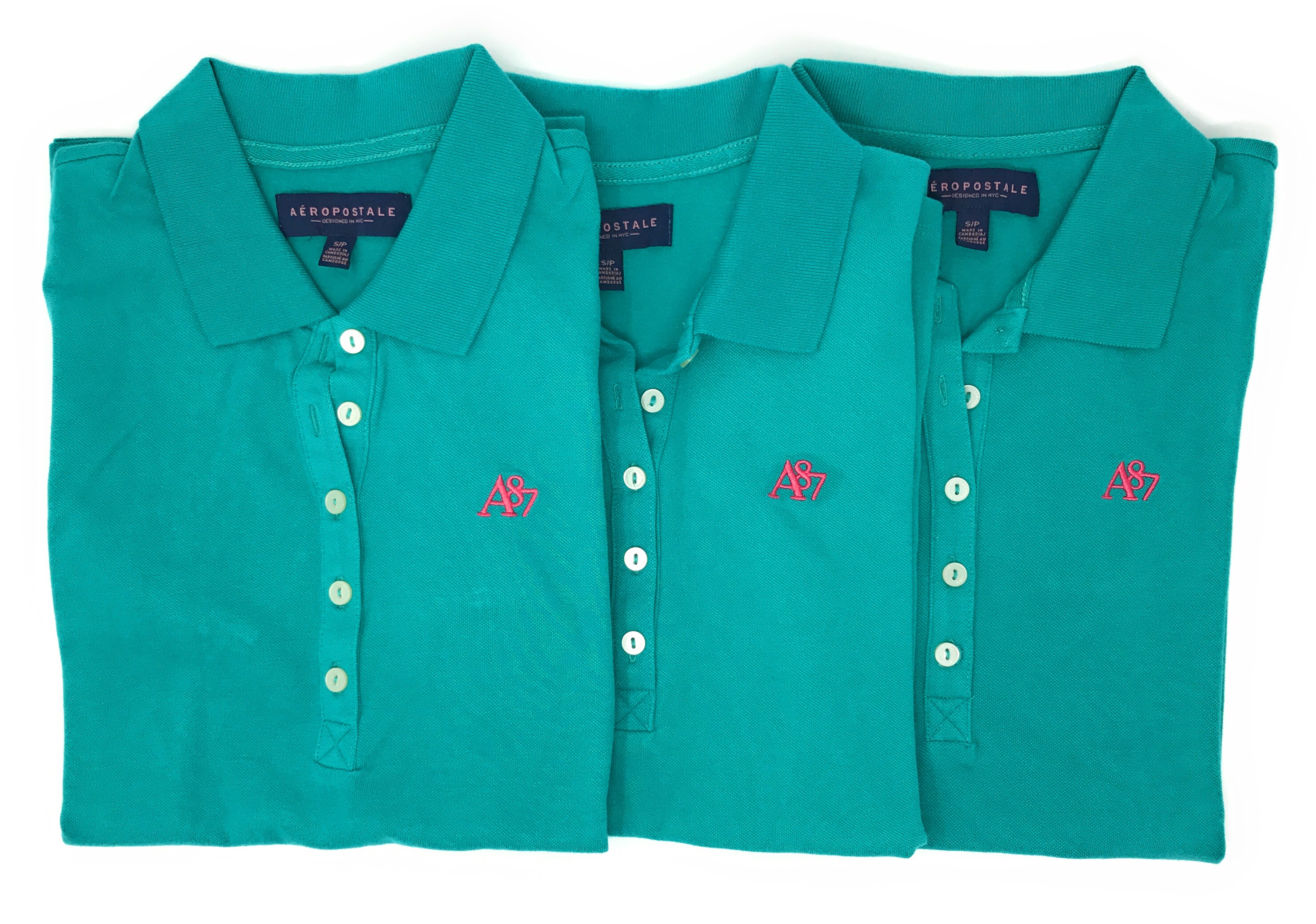 AEROPOSTALE WOMENS SOLID A87 POLO LOT OF 3 SET BUTTON PIQUE SCHOOL