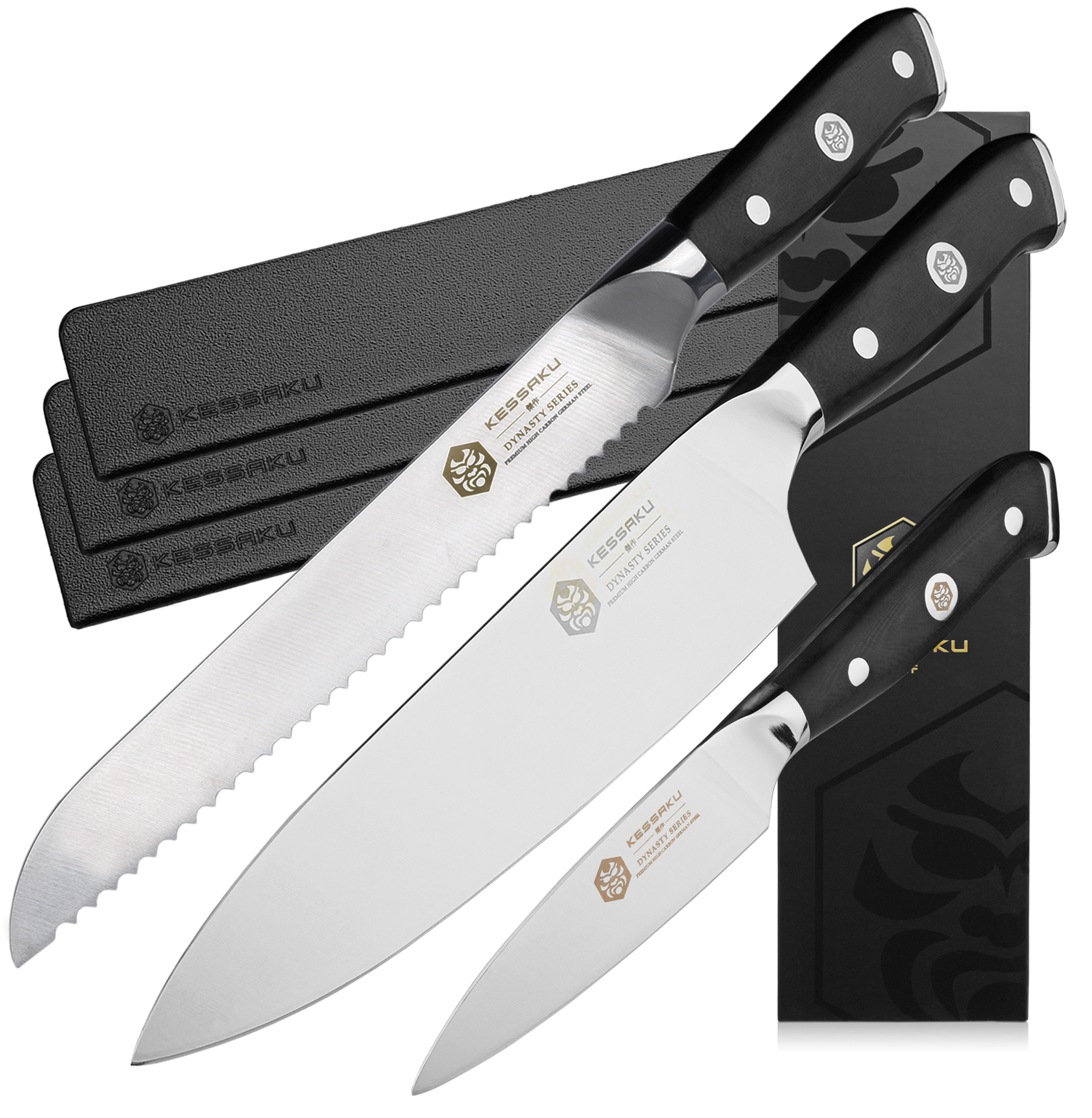 Kessaku 8" Chef+ 8" Bread + 3.5" Paring Knife Set Dynasty Series