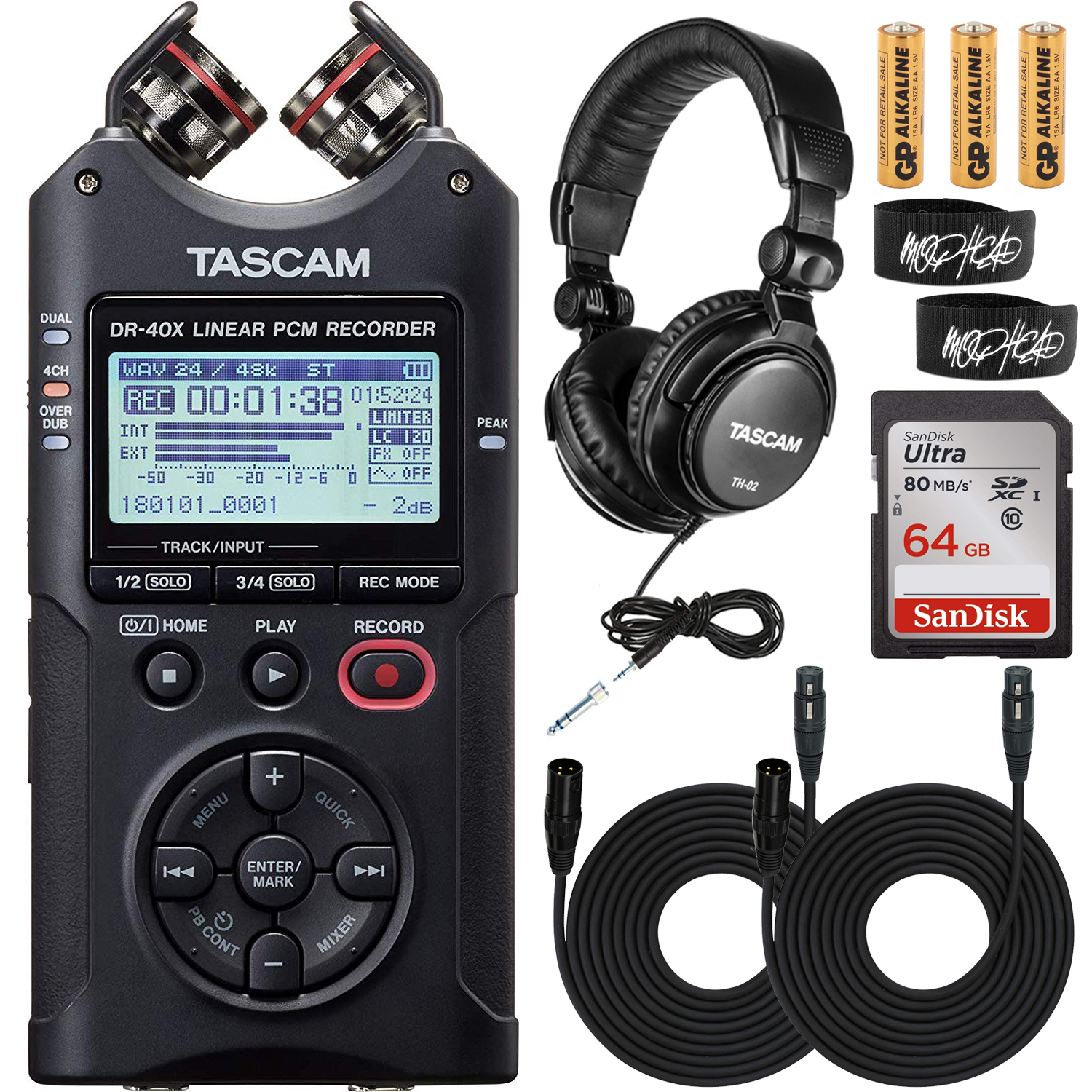Tascam DR40X Recorder Bundle with Tascam Headphones Sandisk SD Card