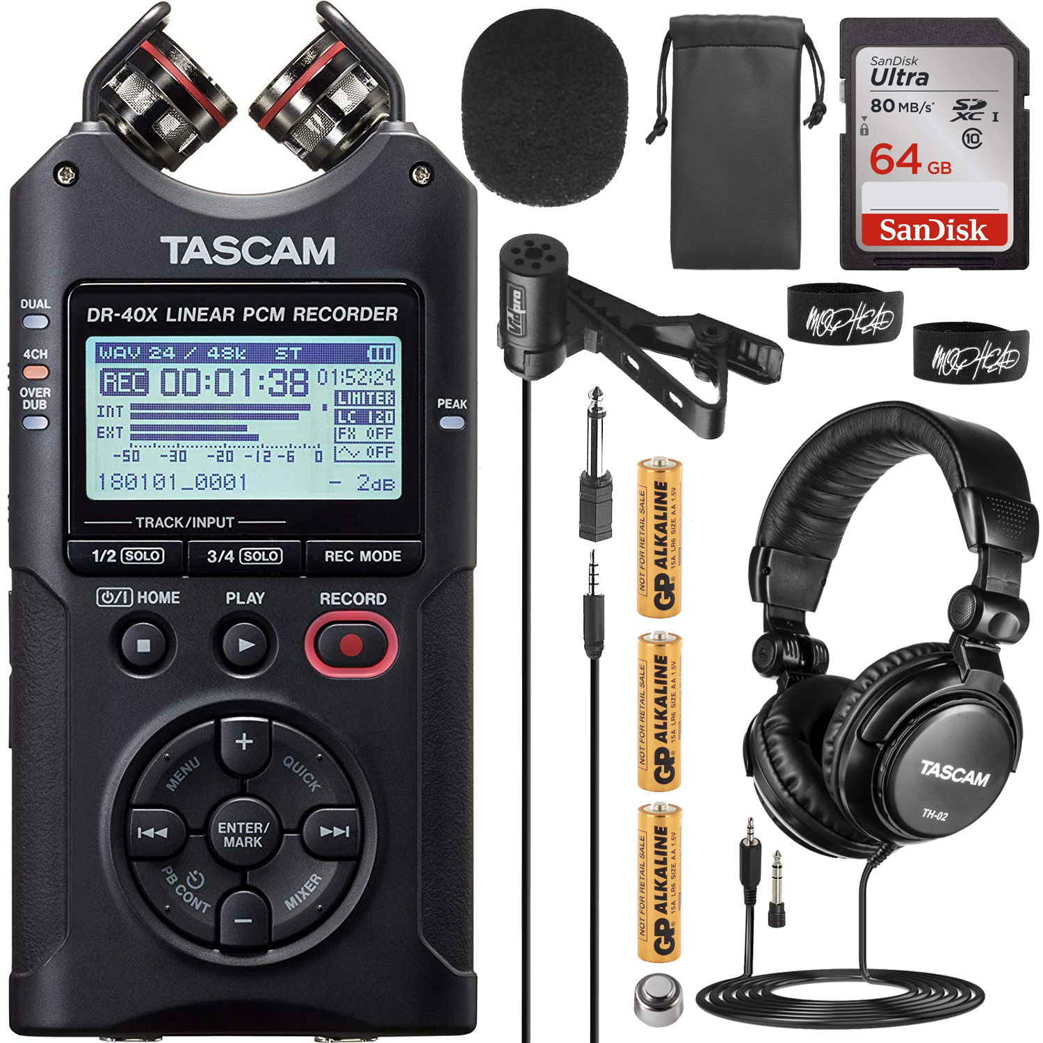 Tascam DR40X 4Track Recorder Kit with Lapel Mic, Headphones & Sandisk
