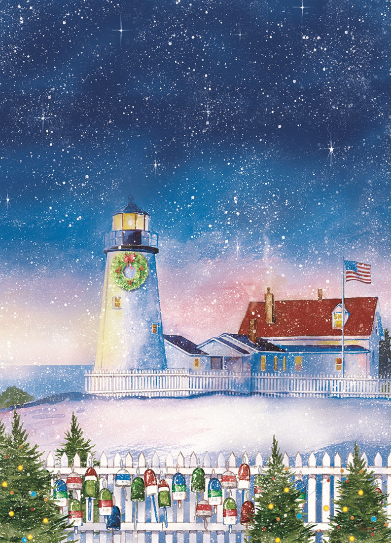 Christmas Lighthouse House Flag Nautical Holiday Scene 28