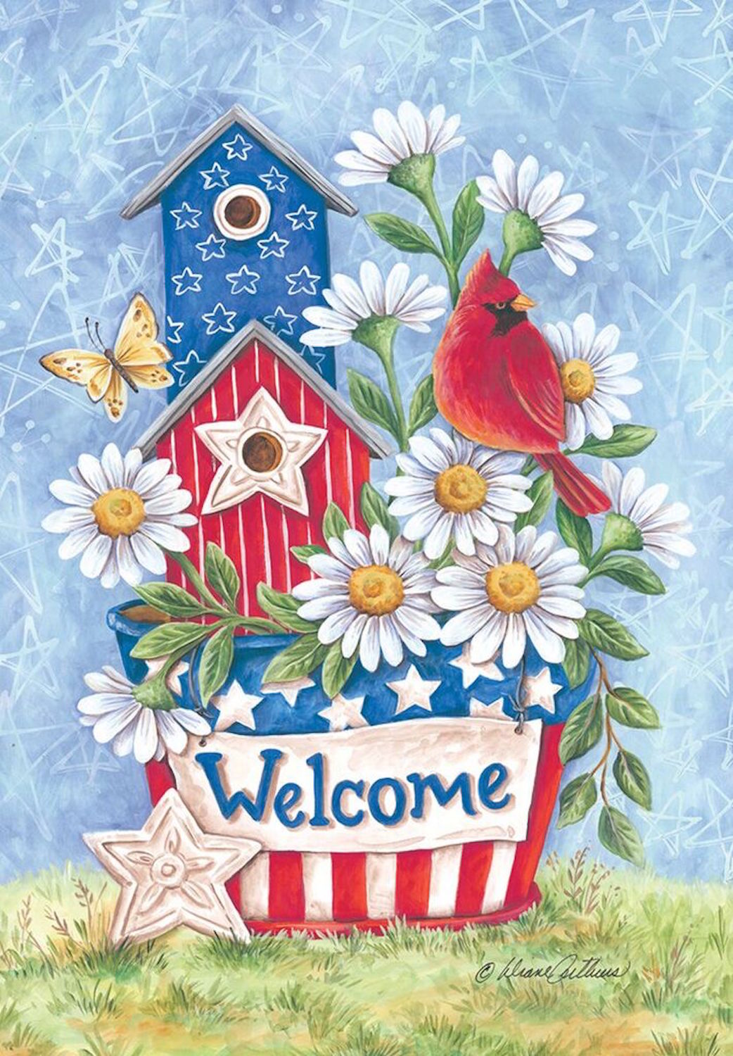 Patriotic Blooms Spring House Flag Cardinal Daisies 28" x 40