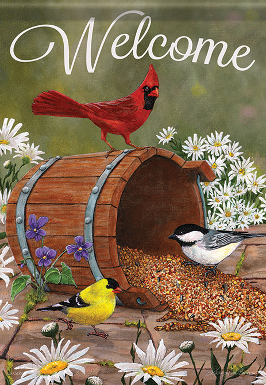 Barrel of Birds Spring House Flag Floral Cardinal Banner 28" x