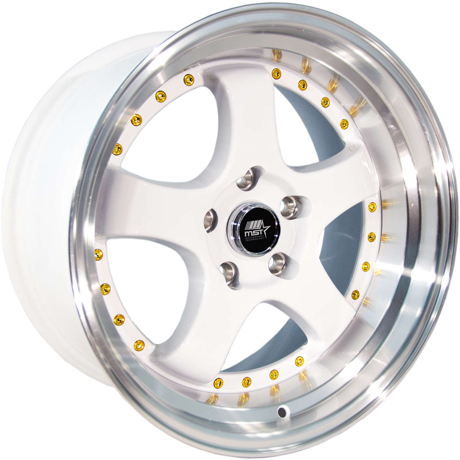 MT07 18x8.5 5x114.3 20 ET 73.1 CB White w/Machined Lip Gold Rivets