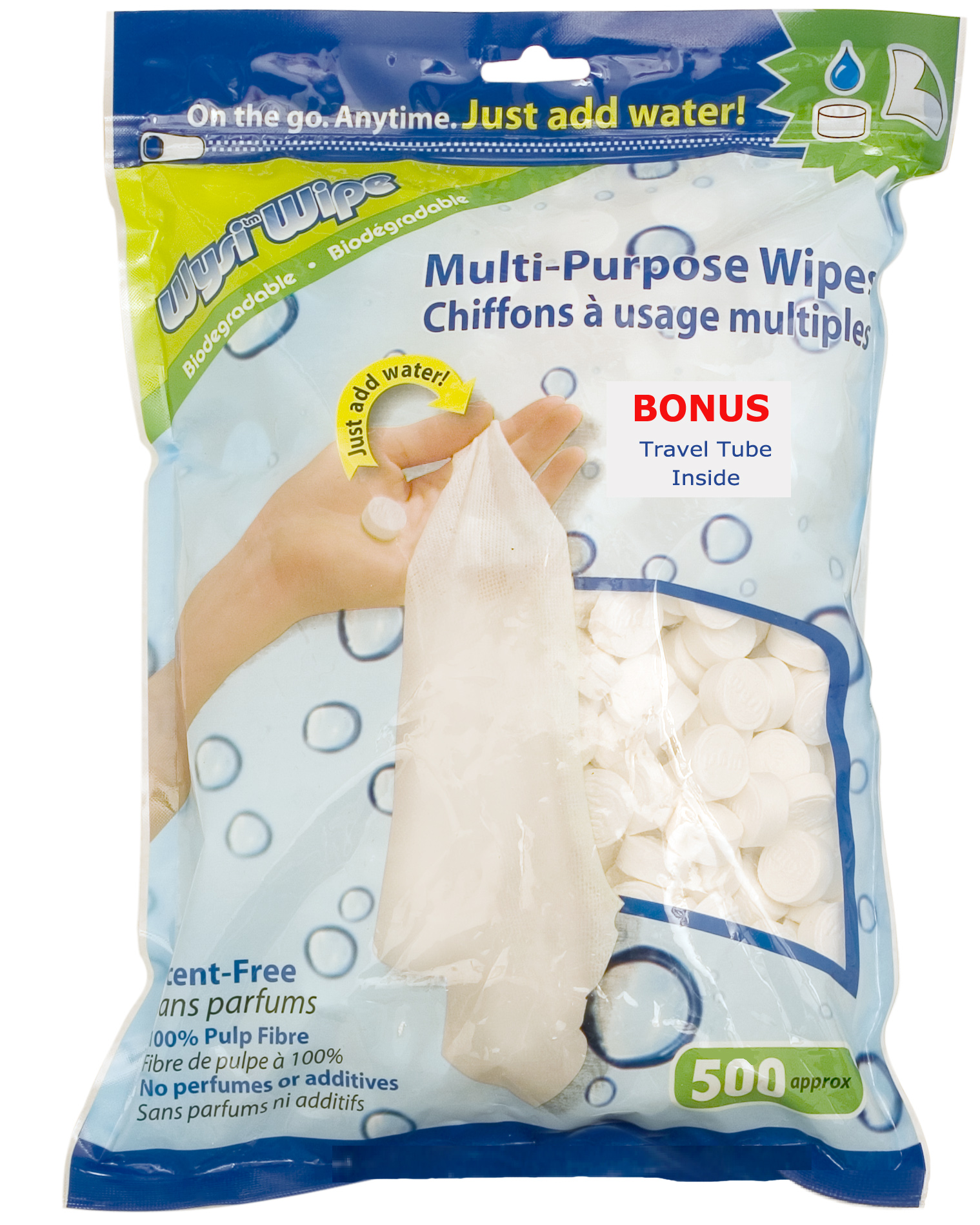 Wysi MultiPurpose Expandable Wipes and Travel Tube 500 Compressed