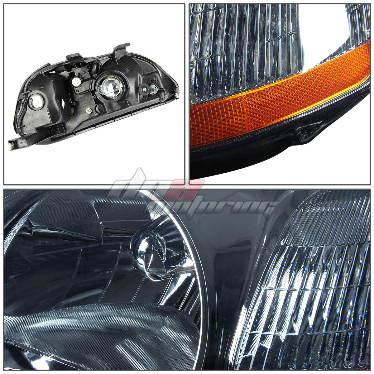 Smoked Headlights With Amber Corners For 96-98 Honda Civic - Replacement Housing Set