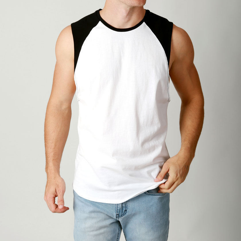 Mens RAGLAN DEEP CUT Muscle Tank Cut Off Sleeve Tee gym Singlet Plain ...