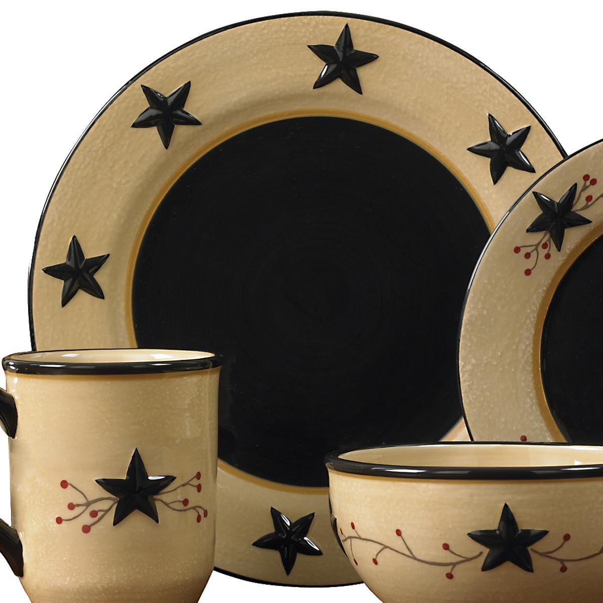 4 Piece Black Star and Berry Ceramic Dinner Plate Set by Park Designs