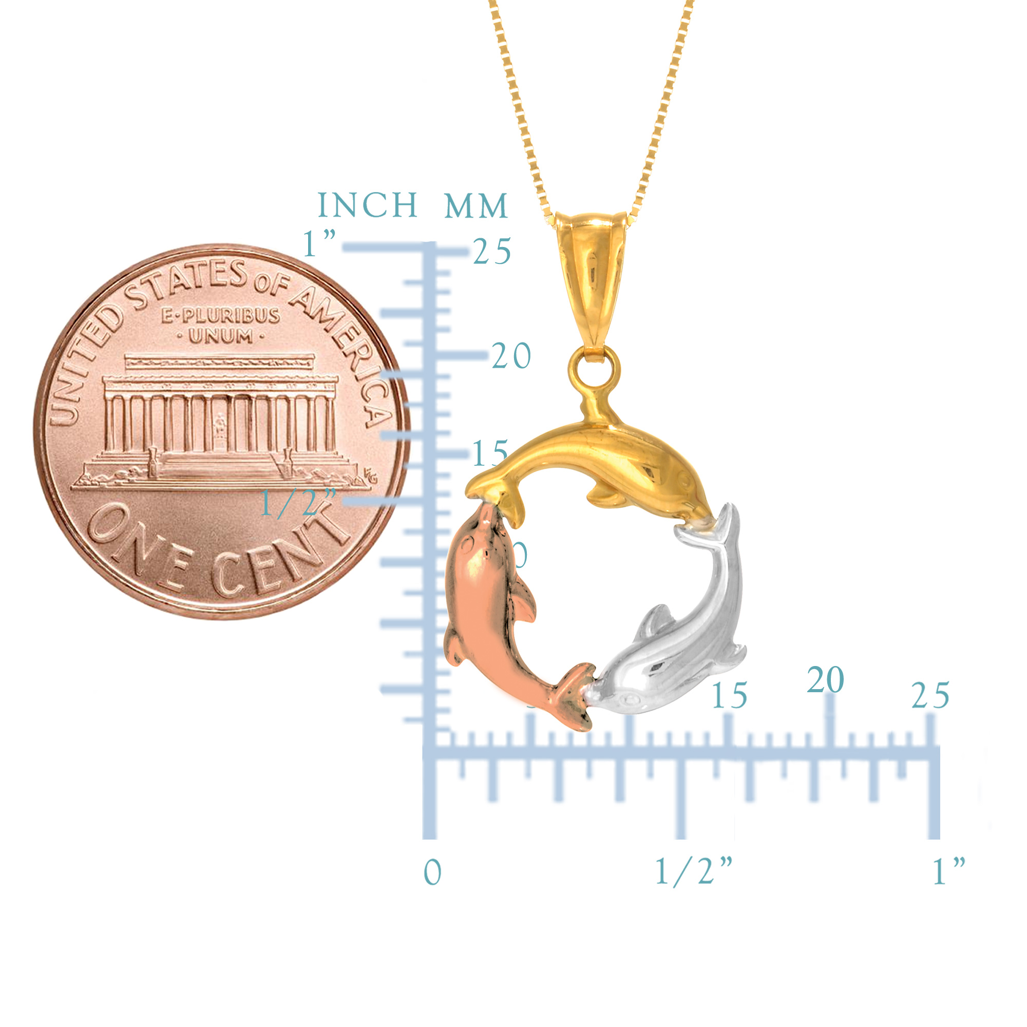 14K Tricolor Gold Three Circling Dolphins Pendant On 18 Inch Necklace
