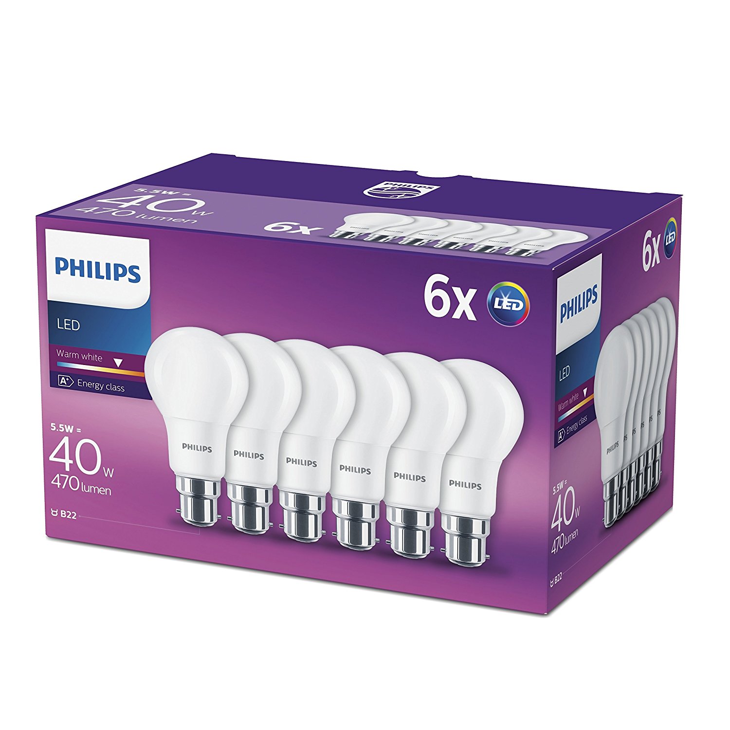 5.5 W - Warm... 40 W Philips LED A60 B22 Bayonet Cap Light Bulb Frosted