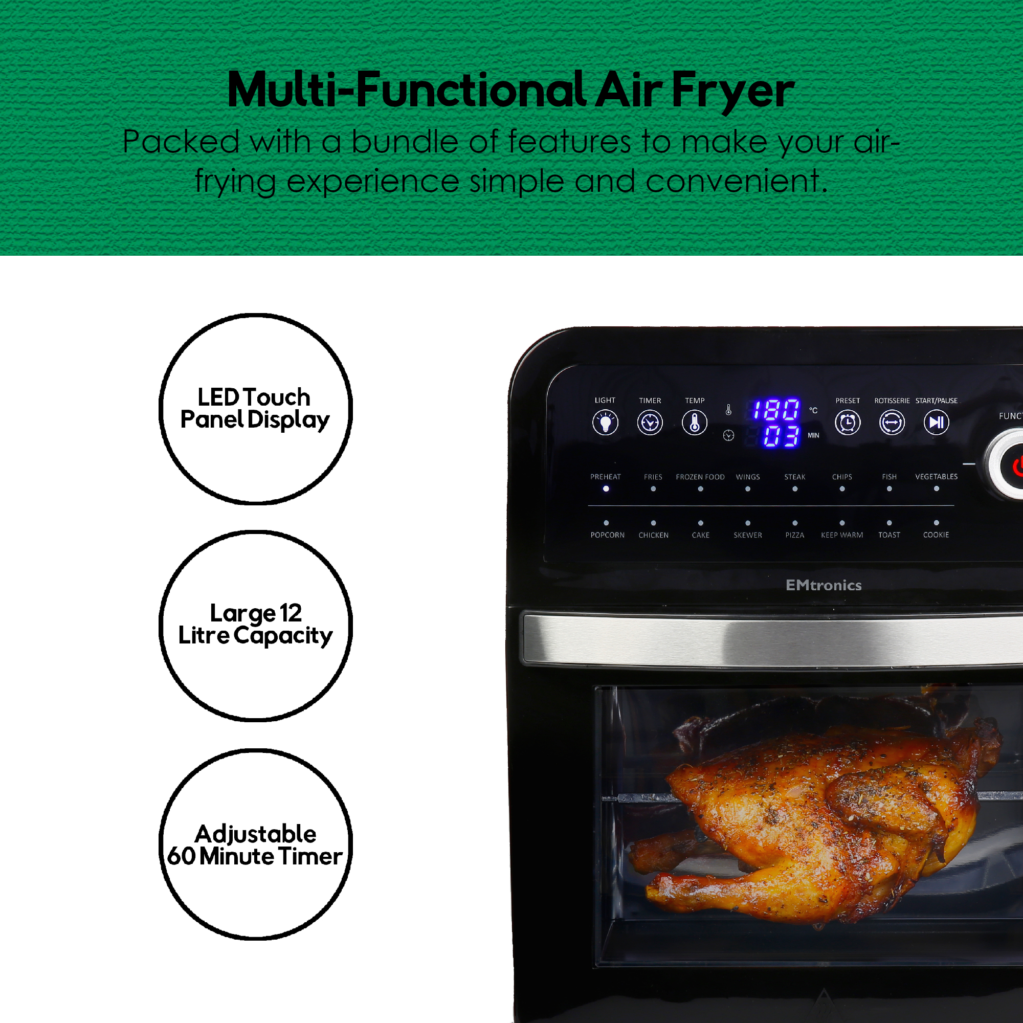EMtronics 12L Digital Air Fryer Oven Combi with Timer - Picture 9 of 25
