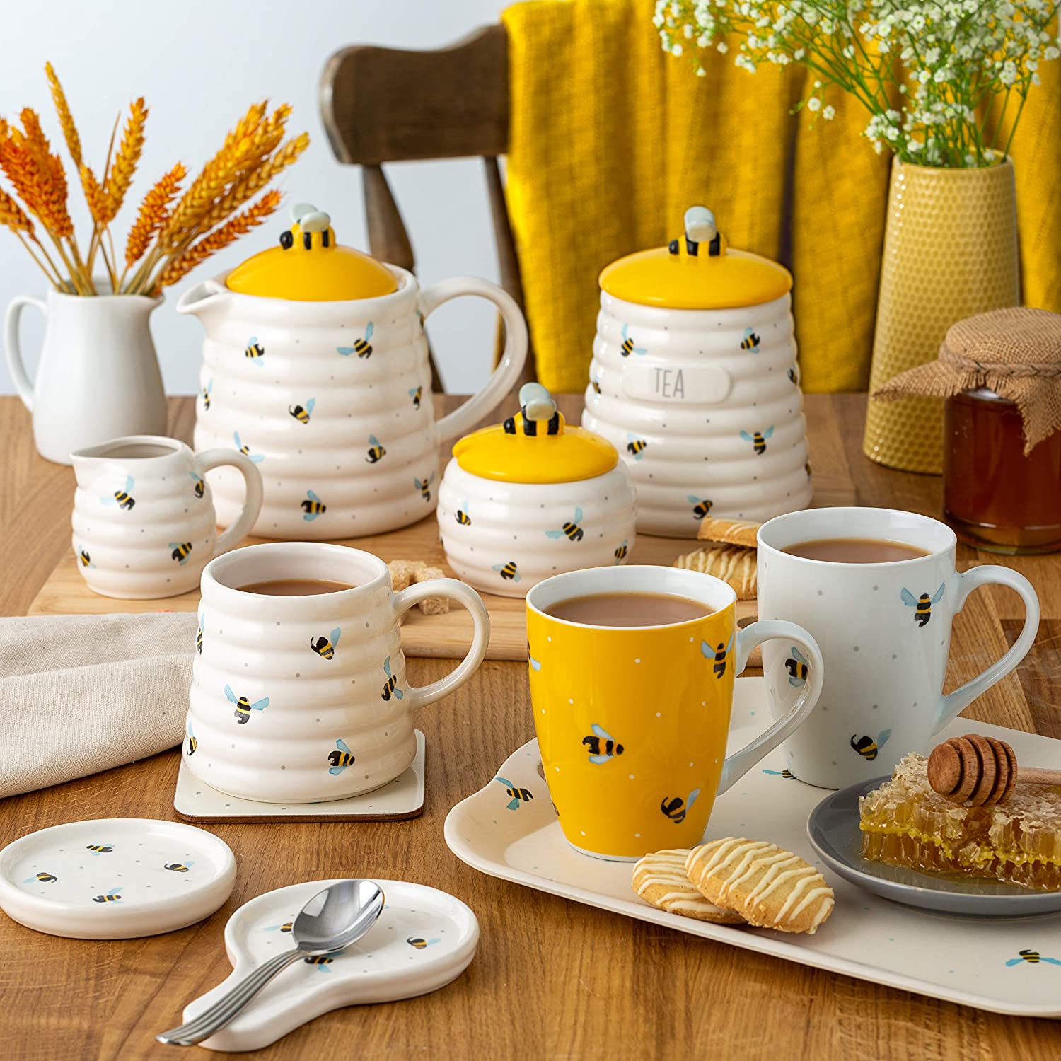 Sweet Bee Tea Coffee Sugar Kitchen Storage Canisters Jars Mugs Cup Tableware Set