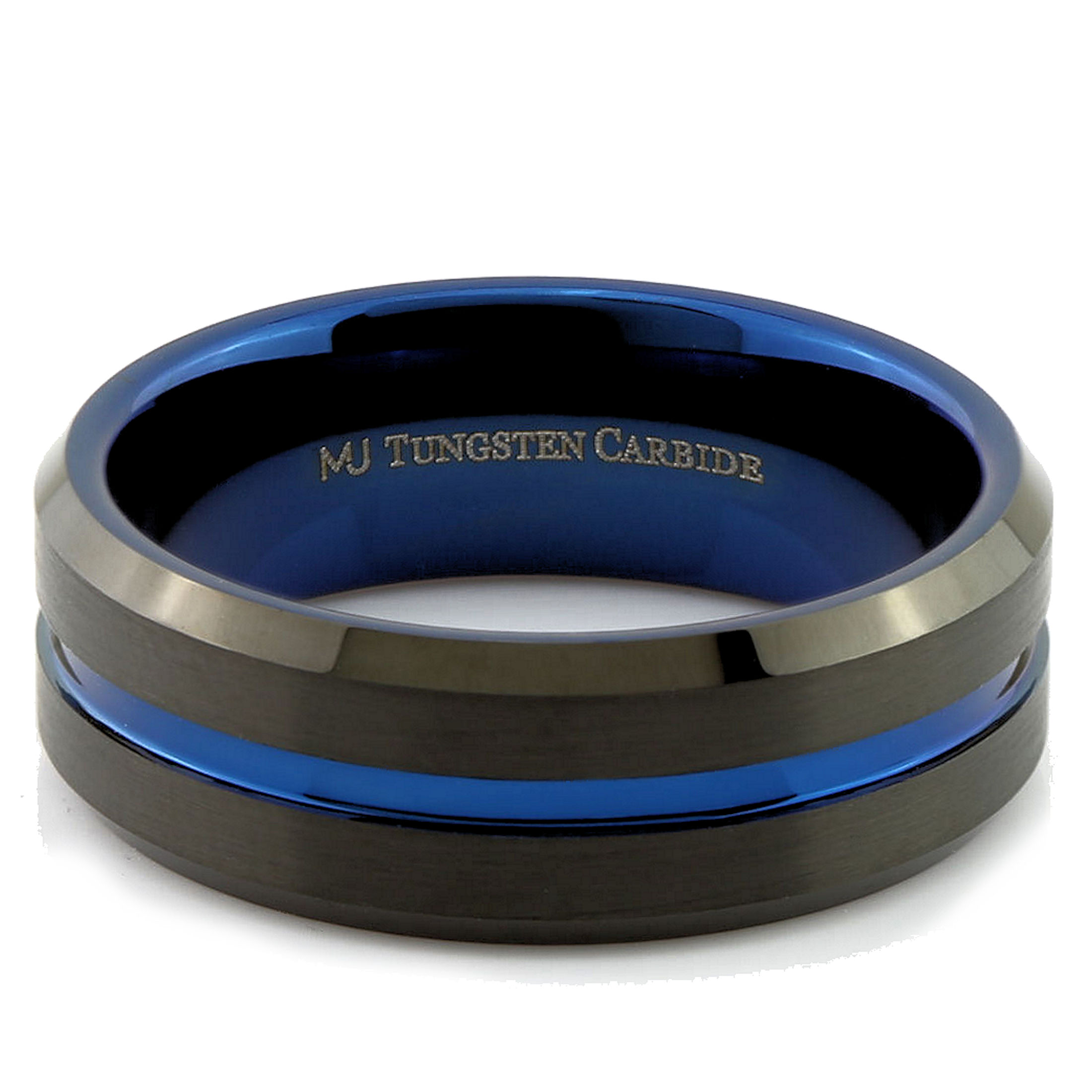Tungsten Carbide 6mm or 8mm Band Blue Groove and Inside, Black Plated