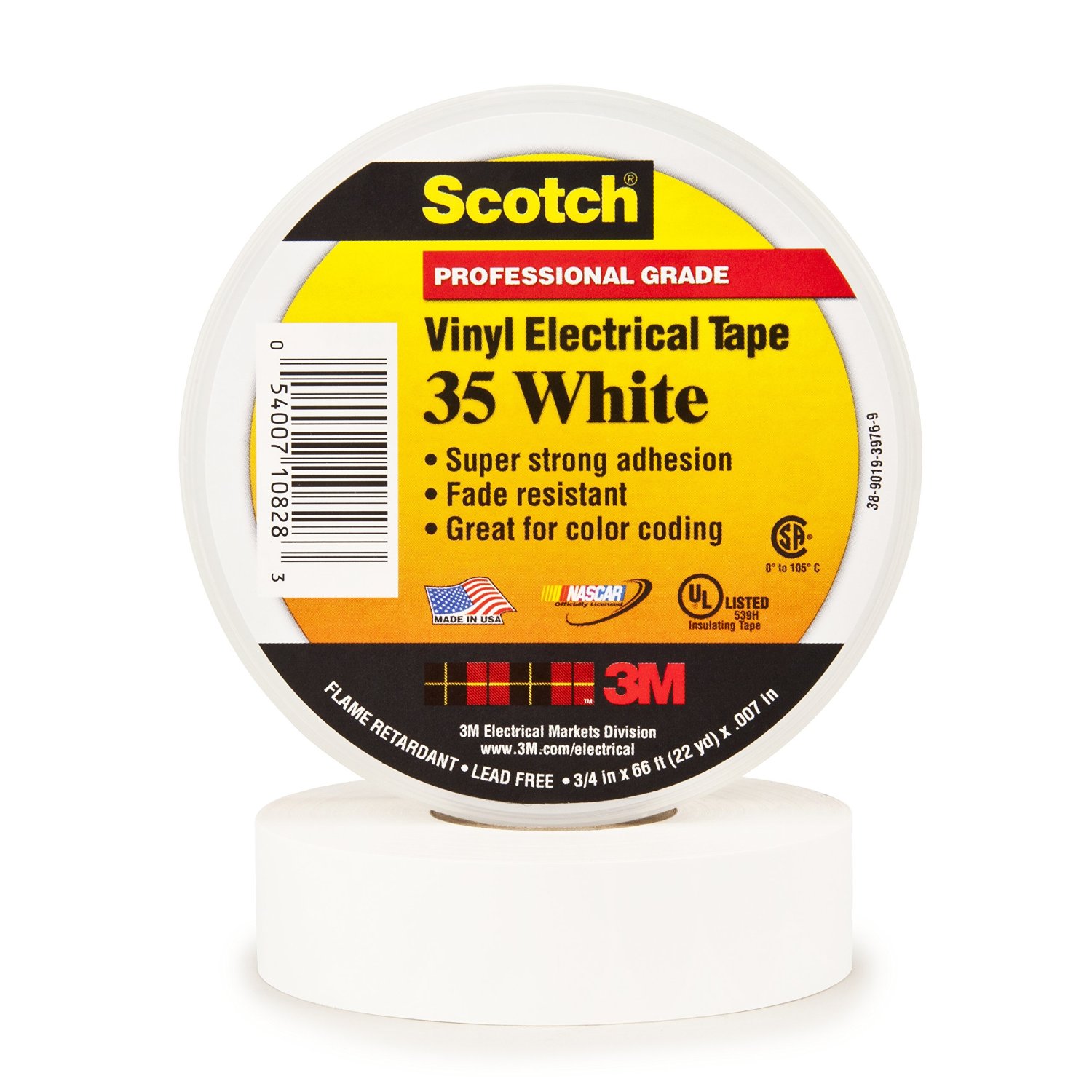 3M 10828 Scotch 35 Electrical Tape, White, .75Inch by 66Foot by .007