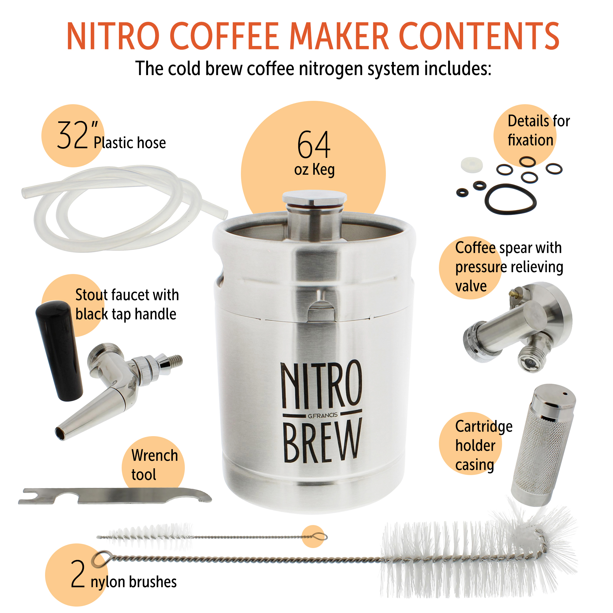 Nitro Cold Brew Coffee Maker 64 Oz Steel Nitrogen Infuser Nitro