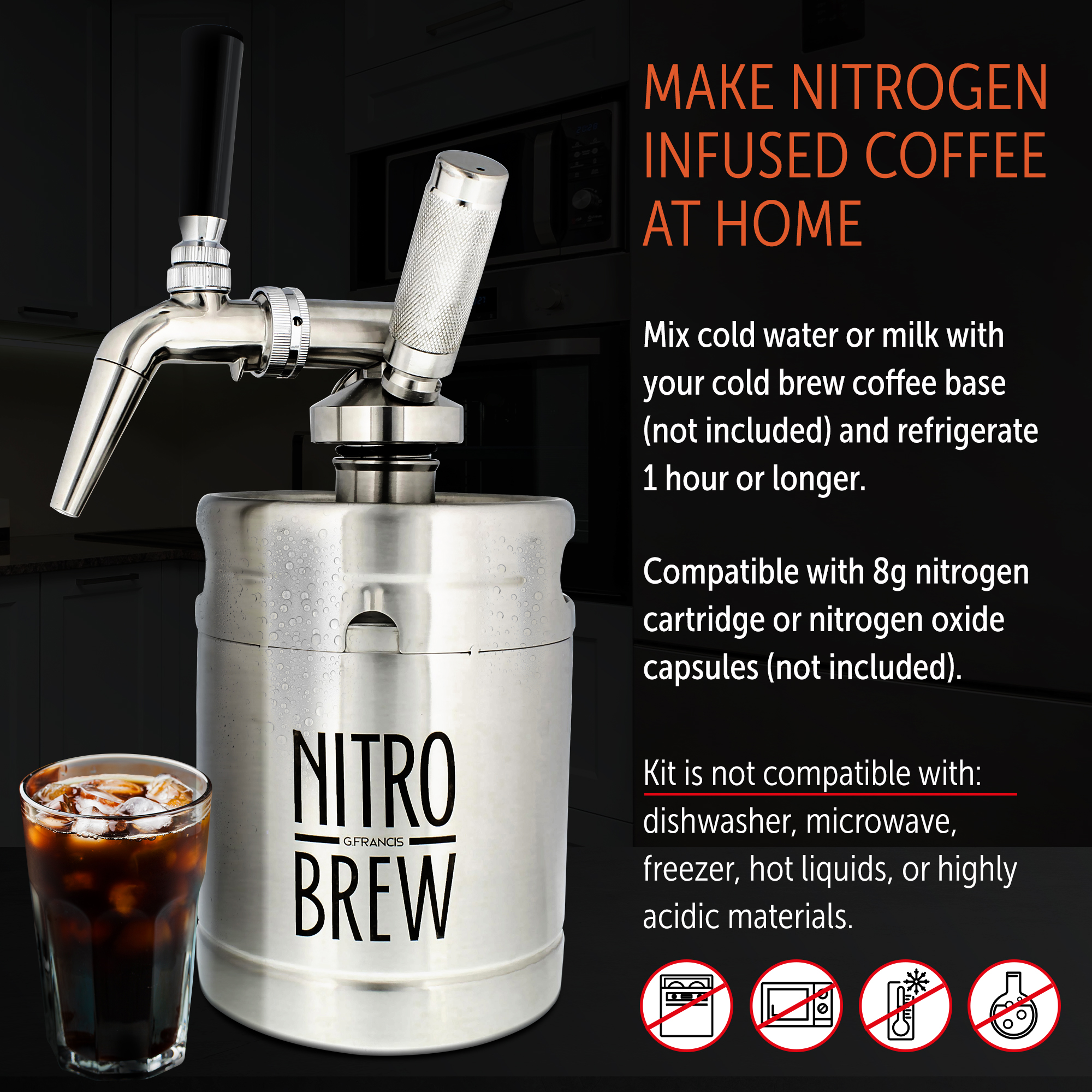 Nitro Cold Brew Coffee Maker 64 Oz Steel Nitrogen Infuser Nitro