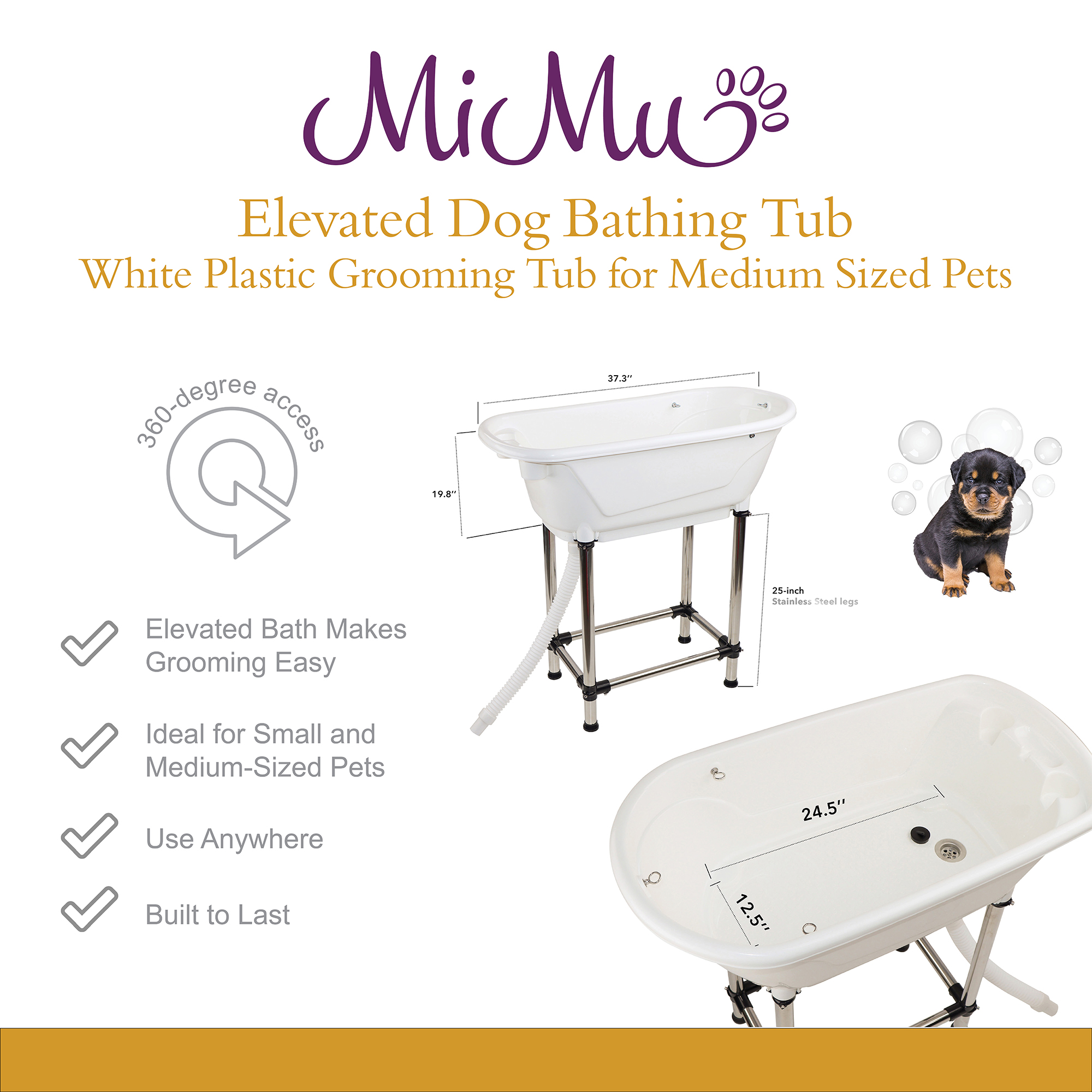 MiMu Raised Dog Bathtub in White Medium Pet Grooming Tub Elevated Dog