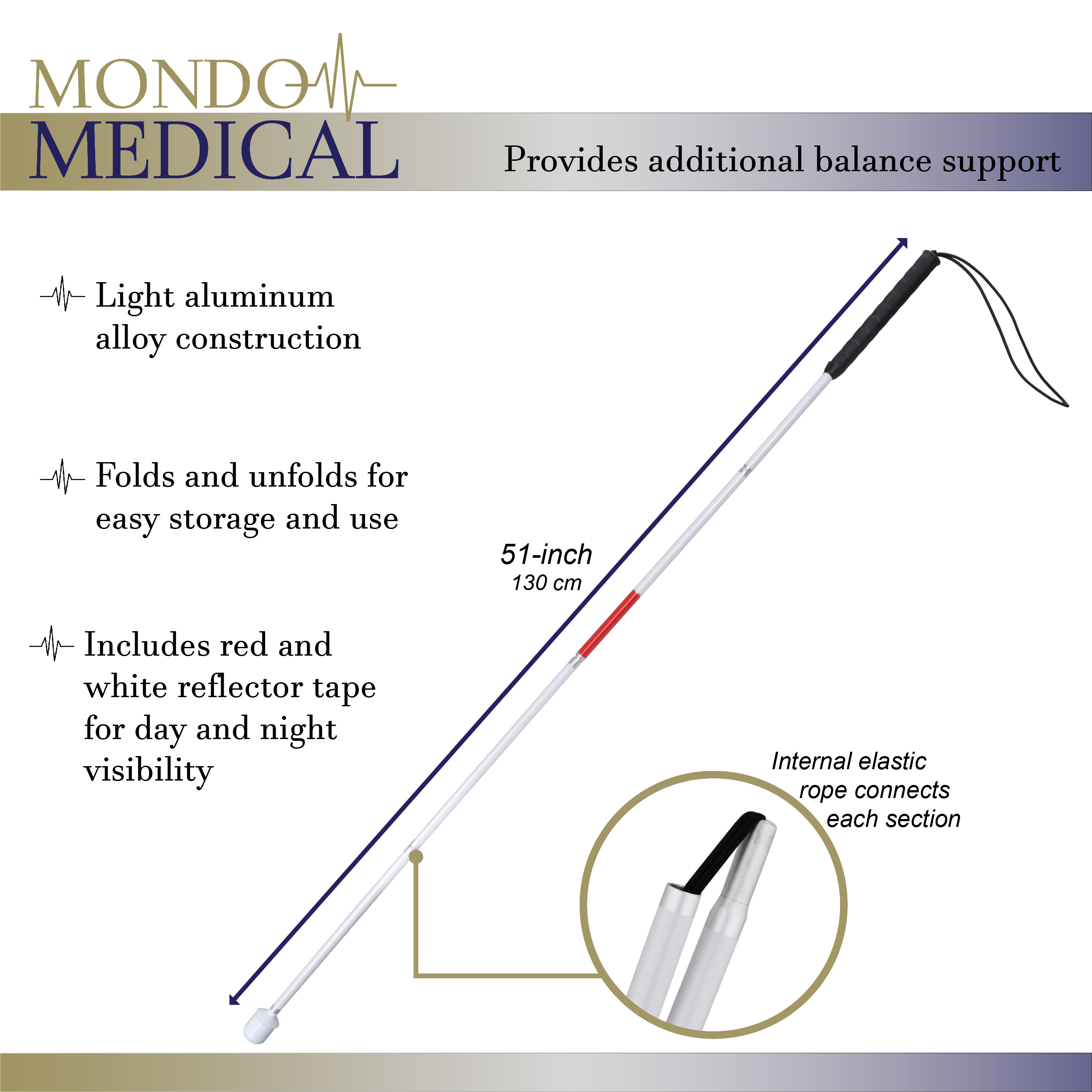 MonMed White Folding Mobility Cane for Visually Impaired Blind People