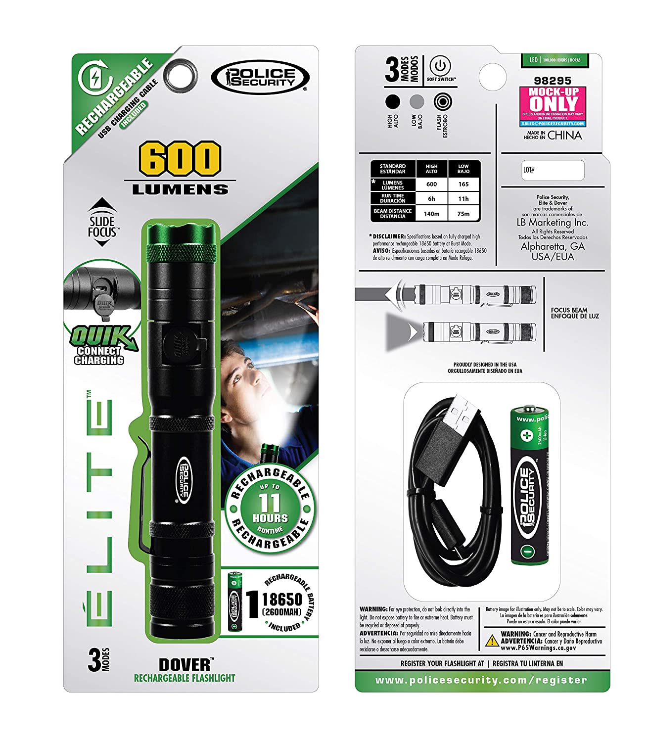 Police Security Dover Rechargeable Flashlight 600 Lumen USB
