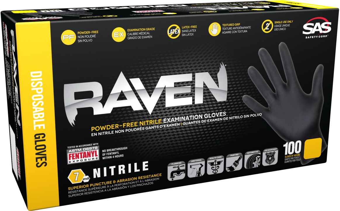 SAS Safety 66519 Raven Powder-free Disposable Black Nitrile 7 Mil Gloves, 2 Pack