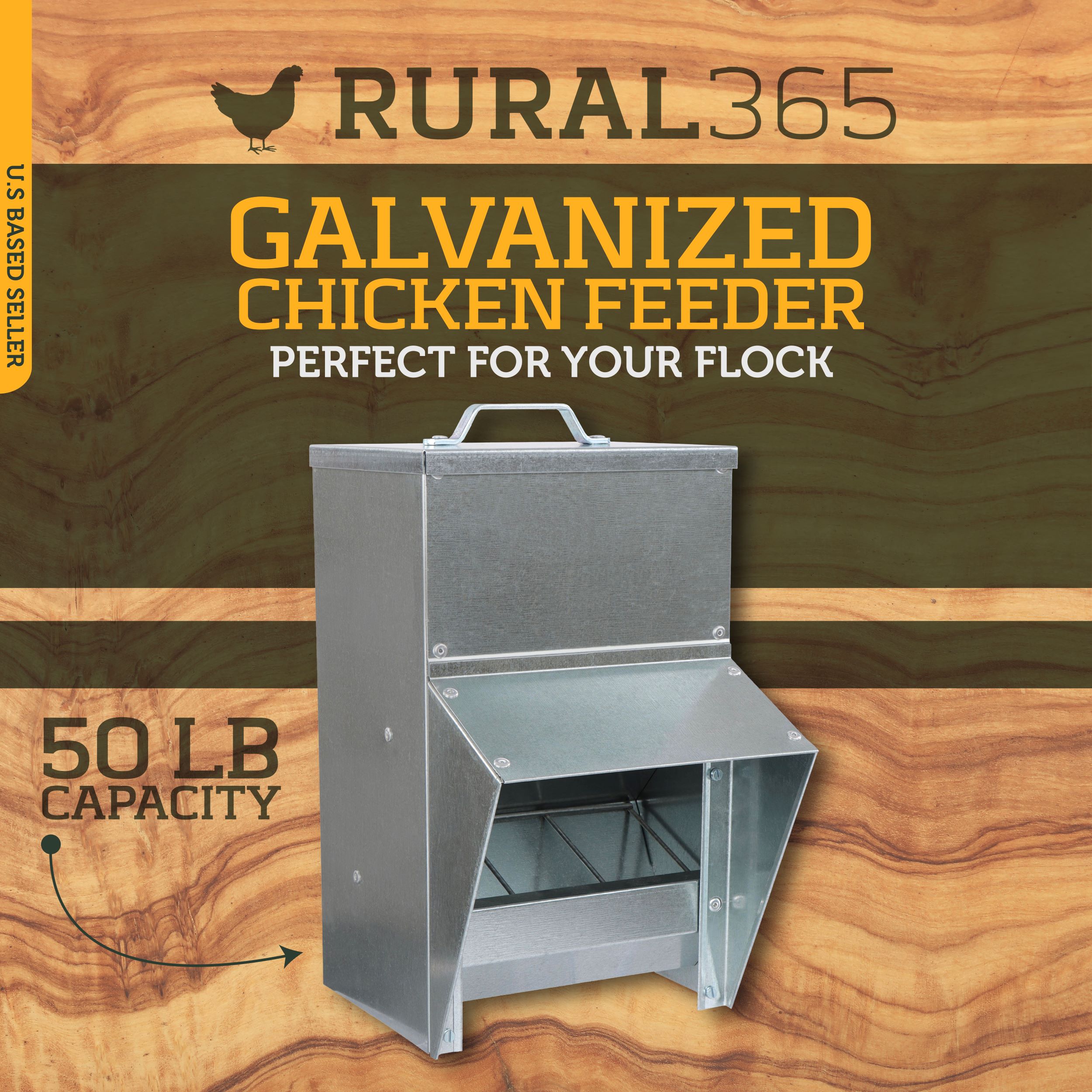 Rural365 Galvanized Chicken Feeder Weatherproof Coop Dispenser 50lbs