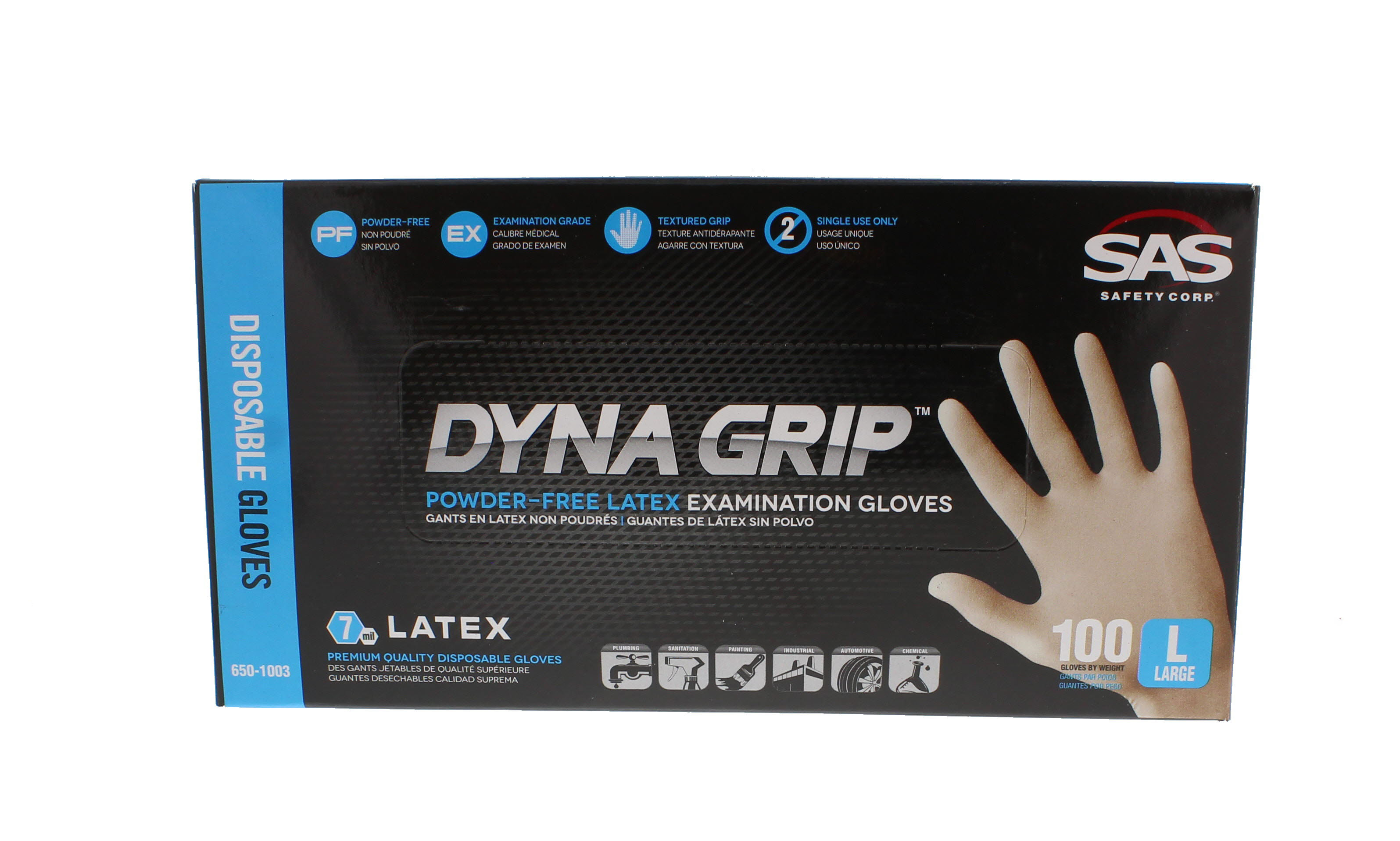 SAS 6501003 Dyna Grip PowderFree Disposable Latex Gloves, Large, Box