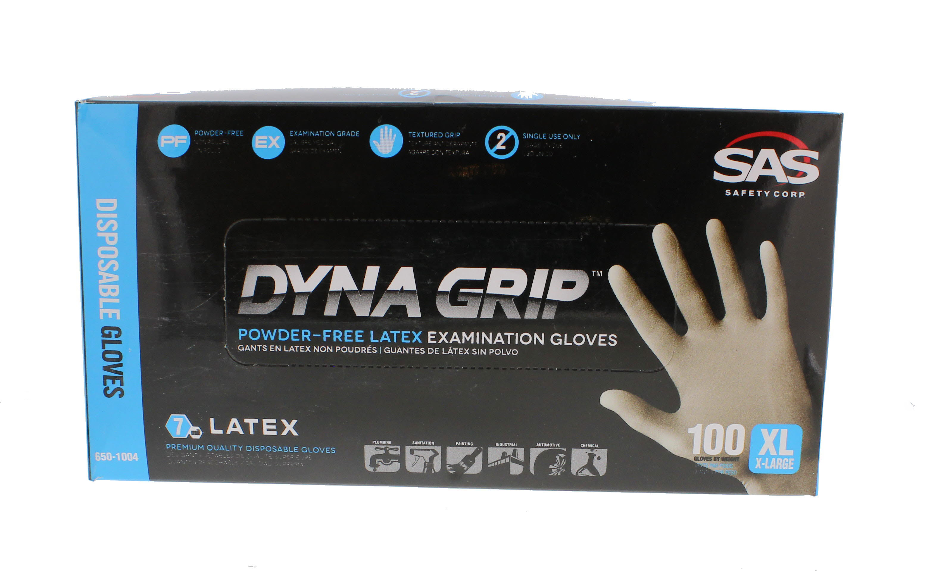 SAS Safety 6501004 Dyna Grip PowderFree Disposable XL Latex Gloves