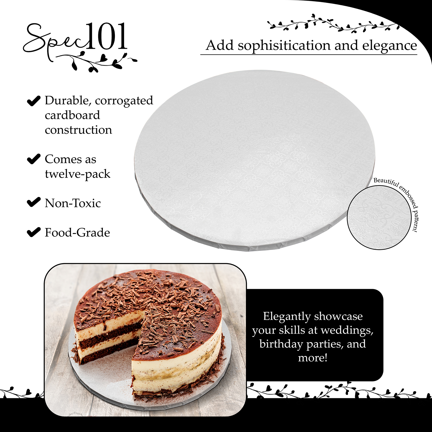 Spec101 Round Cake Drums, 12 Inch 12pk White Cake Drum Boards