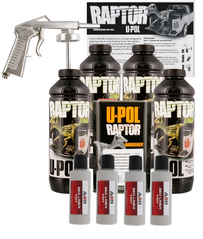 UPOL Raptor Tintable Dove Gray Bed Liner Kit, Spray Gun, 4 Liters Upol