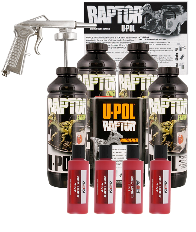UPOL Raptor Tintable Hot Rod Red Bed Liner Kit w/ Spray Gun, 4L Upol