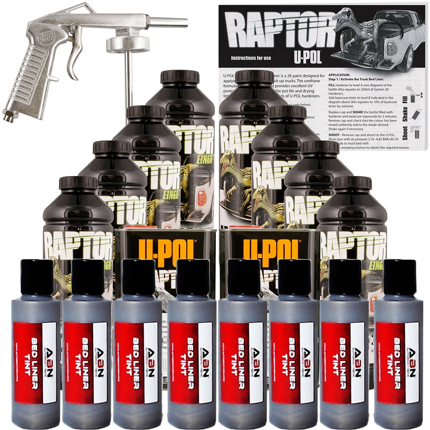 U-POL Raptor Tintable Charcoal Metallic Truck Bed Liner Kit With Spray Gun, 8 Liters