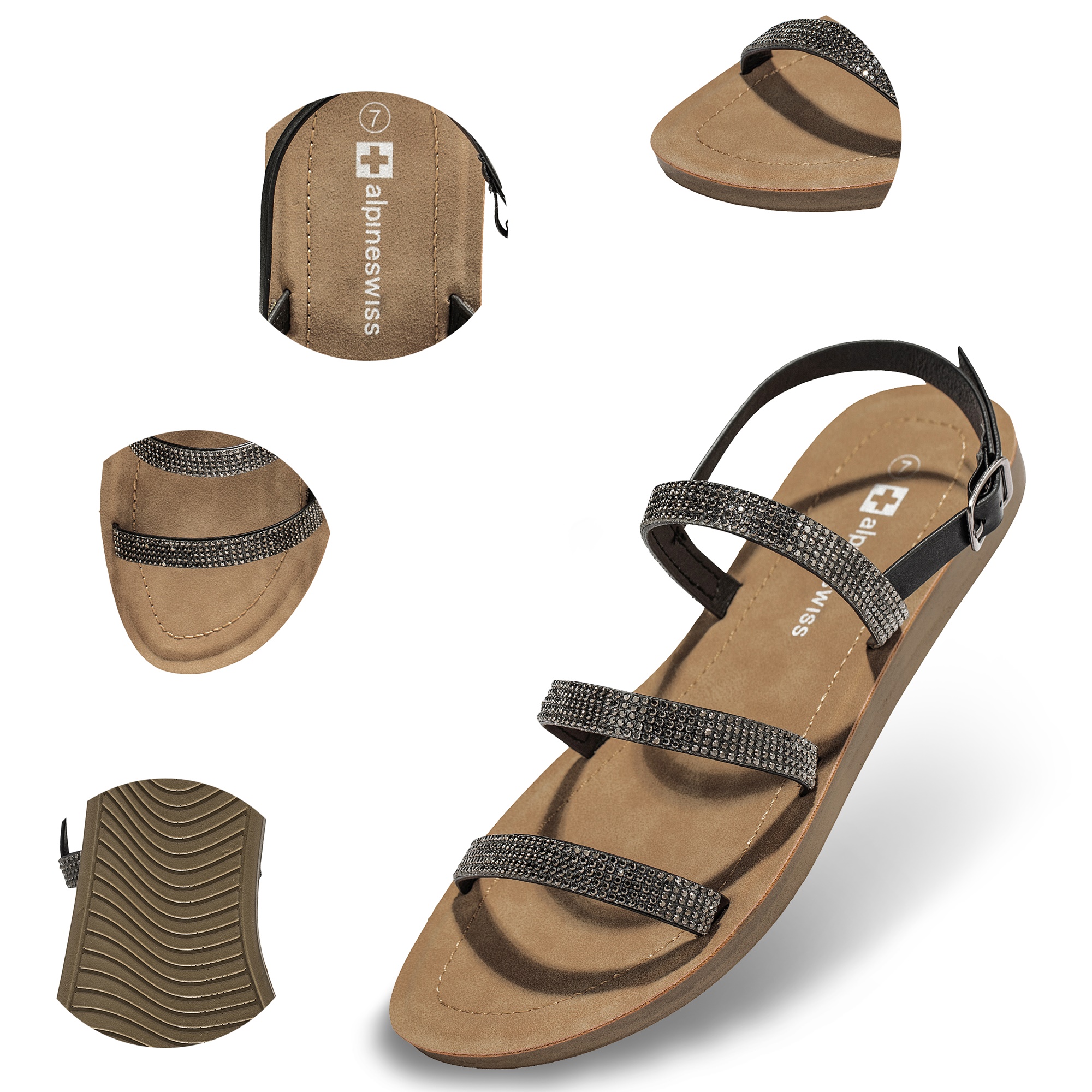 Alpine Swiss Womens Strappy Rhinestone Sandals Gladiator Ankle Strap Flat Shoes