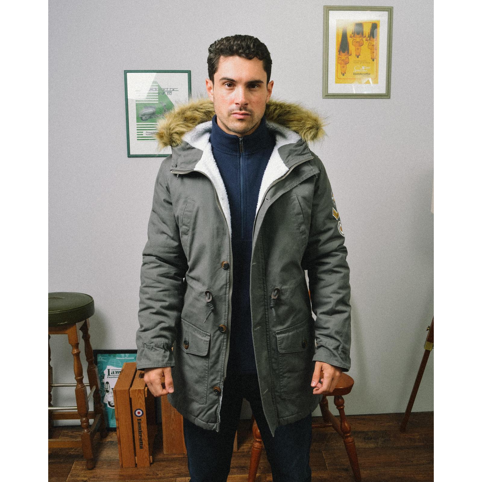 Lambretta Mens Parka Long Sleeve Zip Up Faux Fur Hooded Warm Winter Jacket Coat - Picture 2 of 19