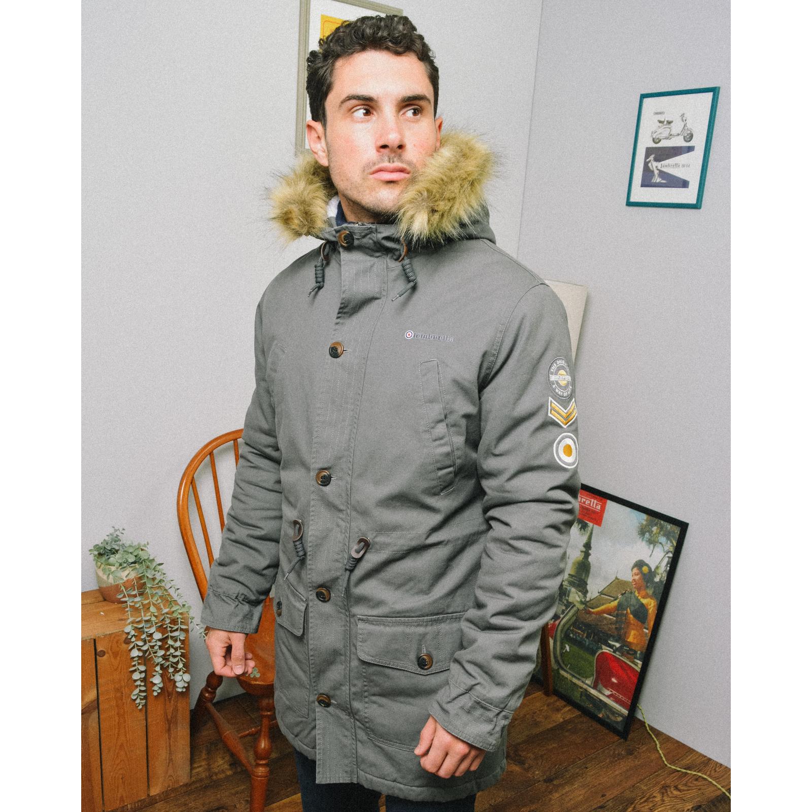 Lambretta Mens Parka Long Sleeve Zip Up Faux Fur Hooded Warm Winter Jacket Coat - Picture 11 of 19