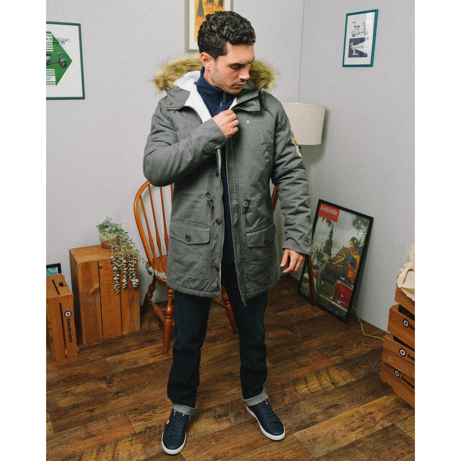 Lambretta Mens Parka Long Sleeve Zip Up Faux Fur Hooded Warm Winter Jacket Coat - Picture 4 of 19