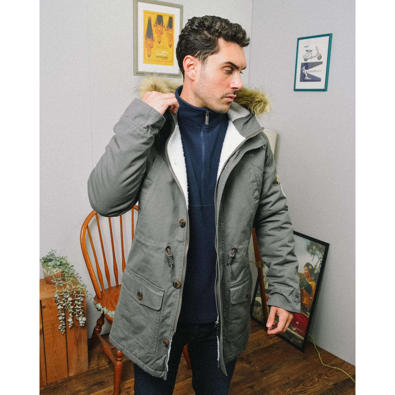 Lambretta Mens Parka Long Sleeve Zip Up Faux Fur Hooded Warm Winter Jacket Coat - Picture 5 of 19