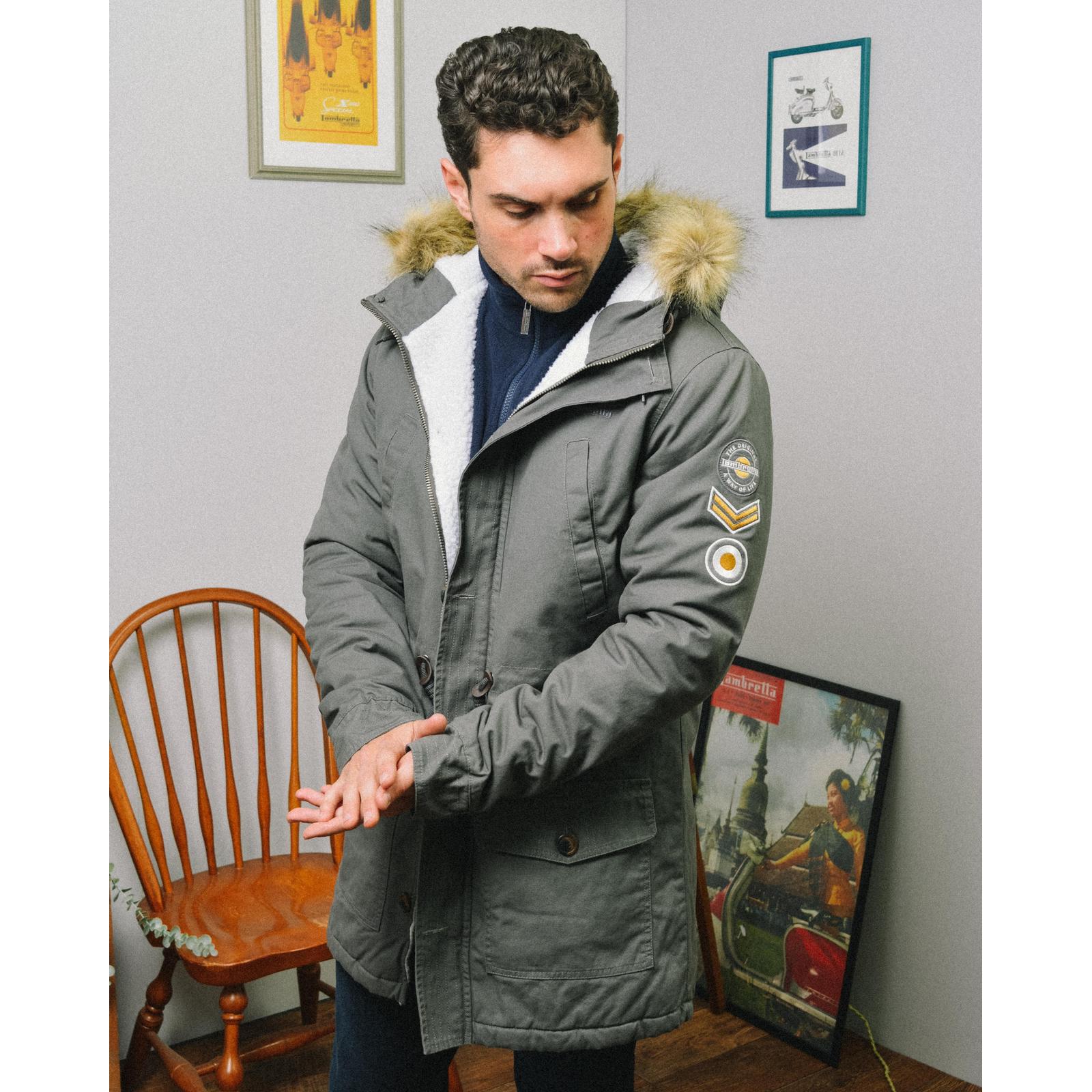 Lambretta Mens Parka Long Sleeve Zip Up Faux Fur Hooded Warm Winter Jacket Coat - Picture 6 of 19