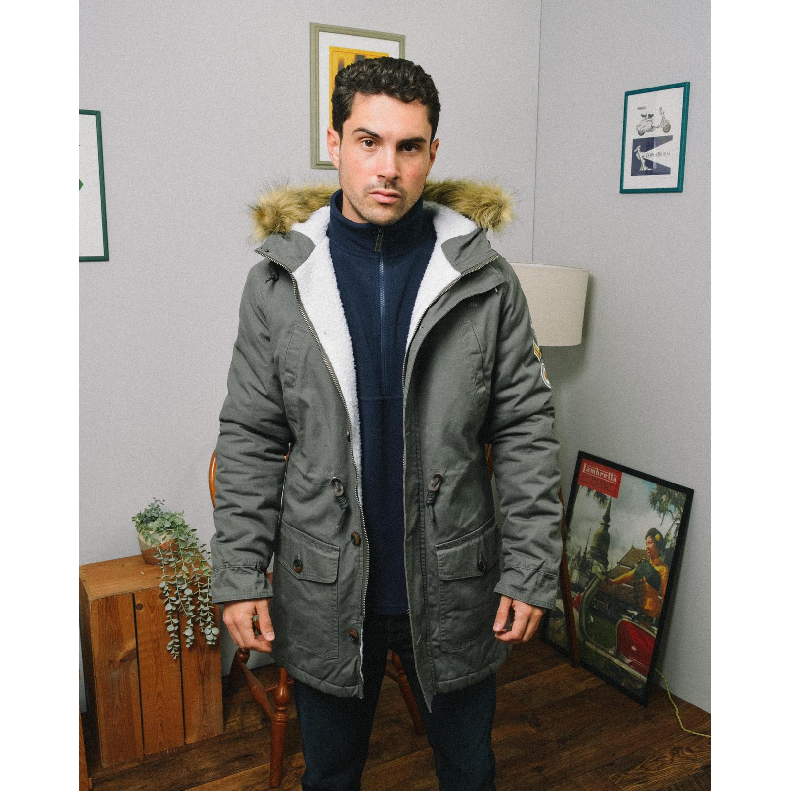 Lambretta Mens Parka Long Sleeve Zip Up Faux Fur Hooded Warm Winter Jacket Coat - Picture 7 of 19