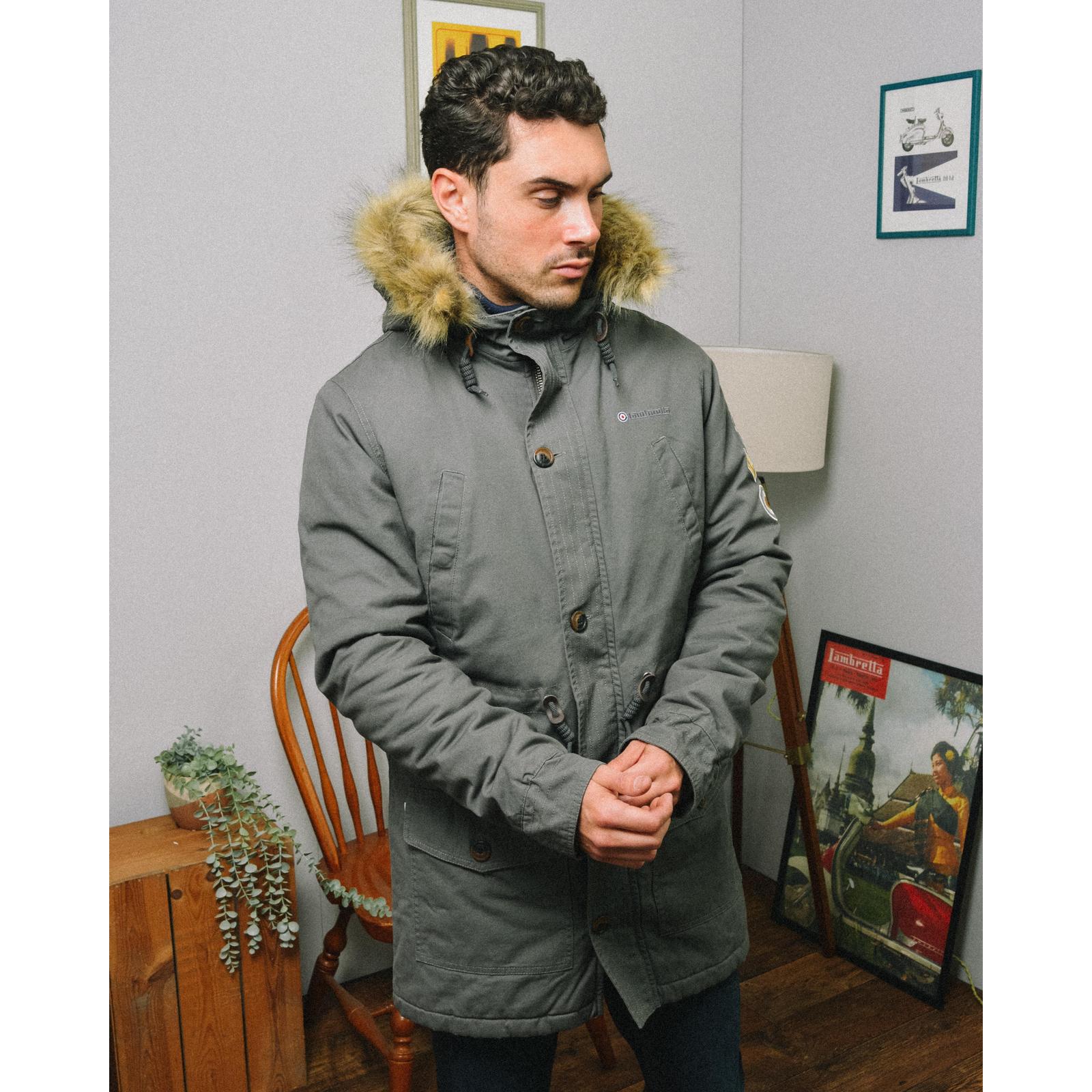 Lambretta Mens Parka Long Sleeve Zip Up Faux Fur Hooded Warm Winter Jacket Coat - Picture 9 of 19