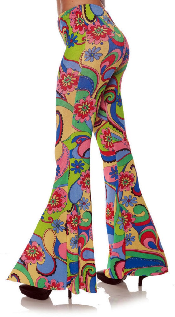 Womens Flower Power Hippy Hippie Flares Pants 60s Fancy Dress Costume Trousers