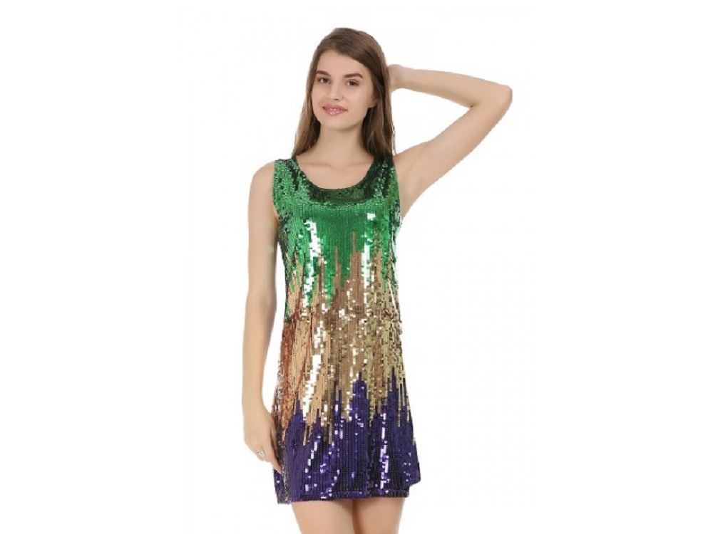 purple green and gold dress