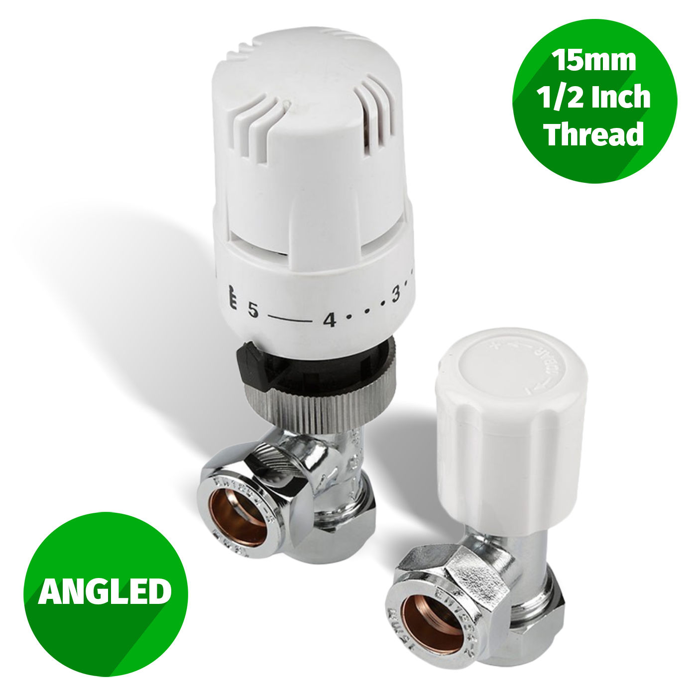 White Thermostatic Control Angled Designer Radiator Valves Pair 15mm ½