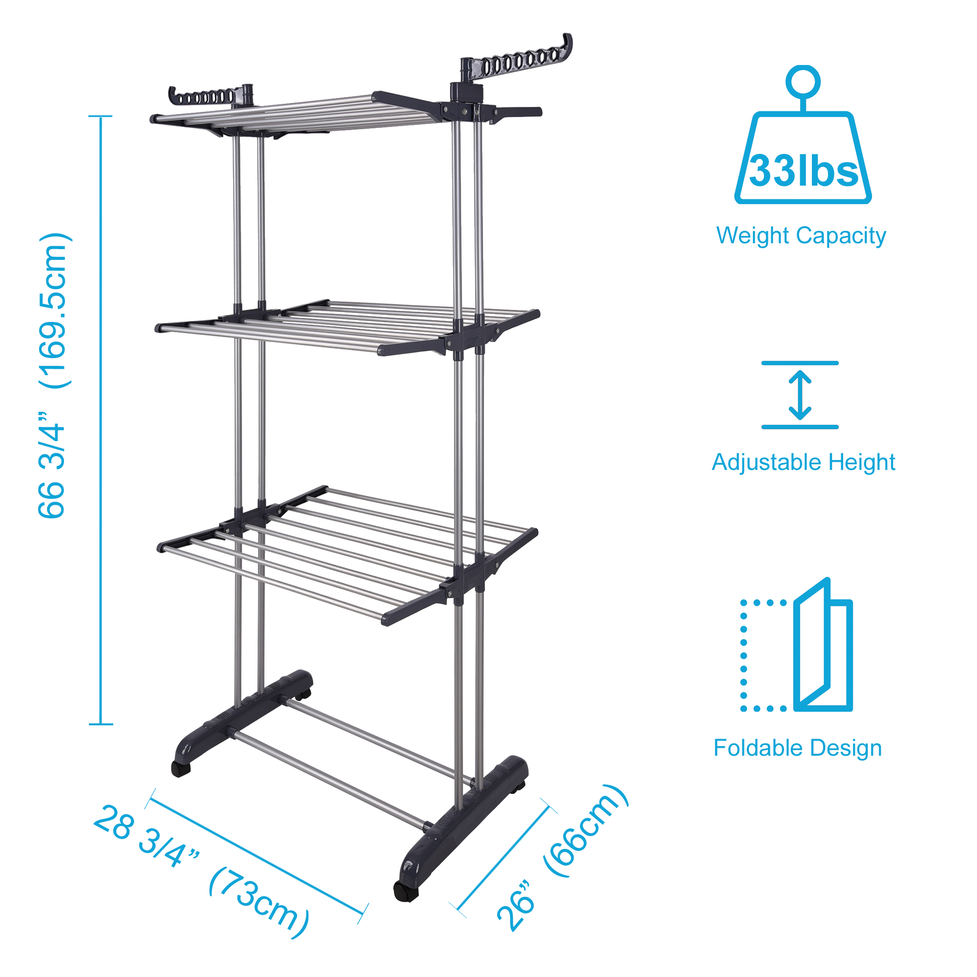 66" Laundry Clothes Storage Drying Rack Portable Folding Dryer Hanger