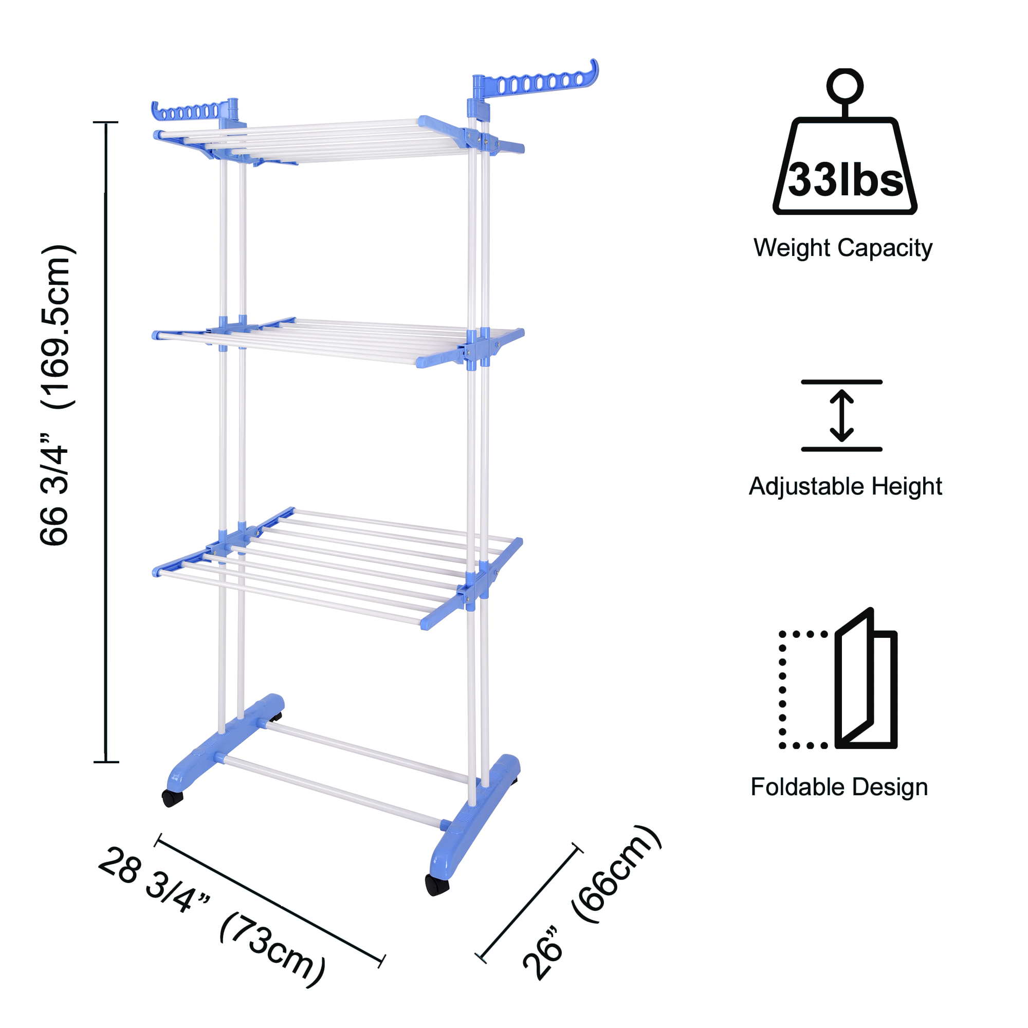 66" Laundry Clothes Storage Drying Rack Portable Folding Dryer Hanger